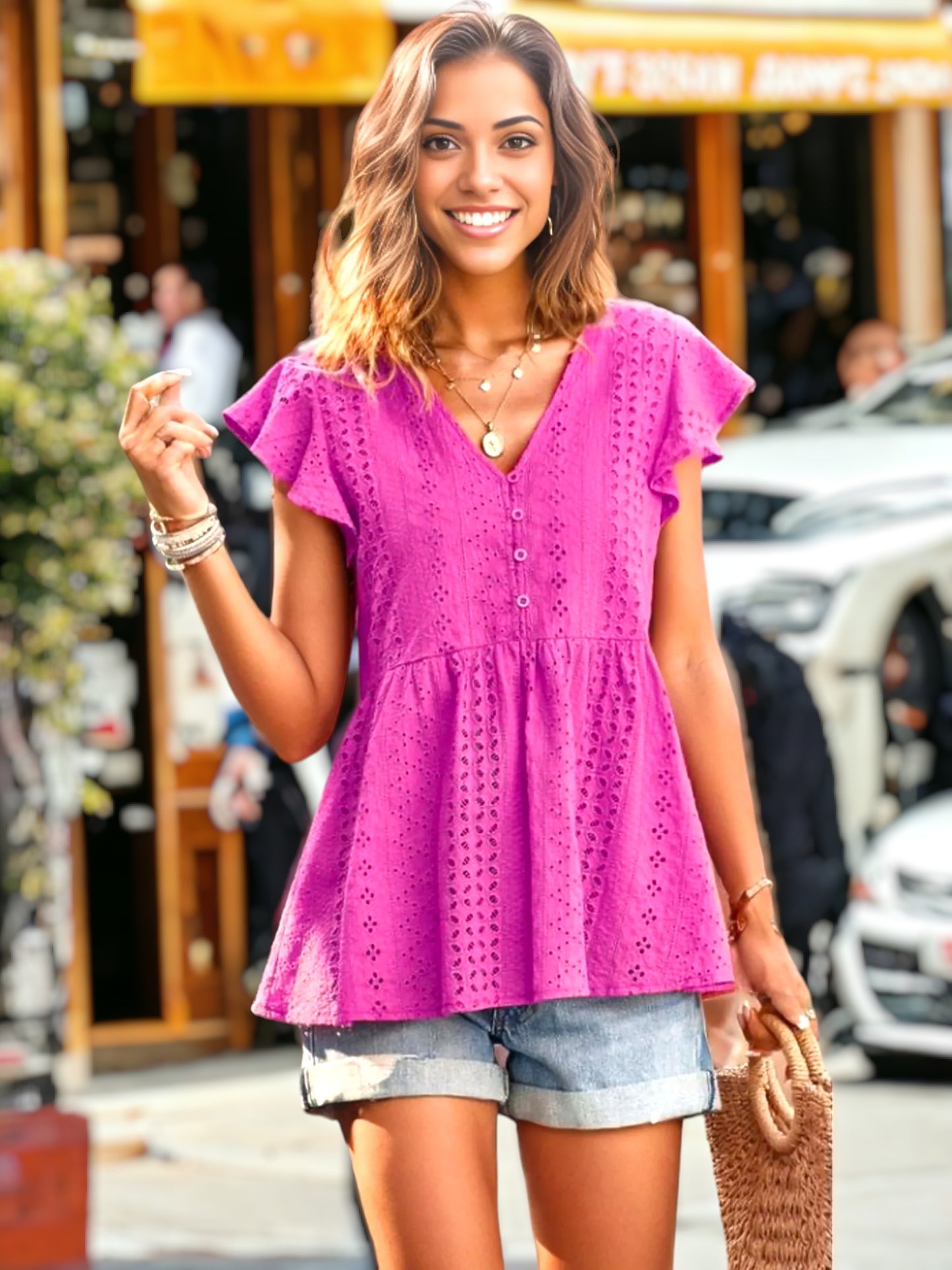 Eyelet Flutter Sleeve Blouse