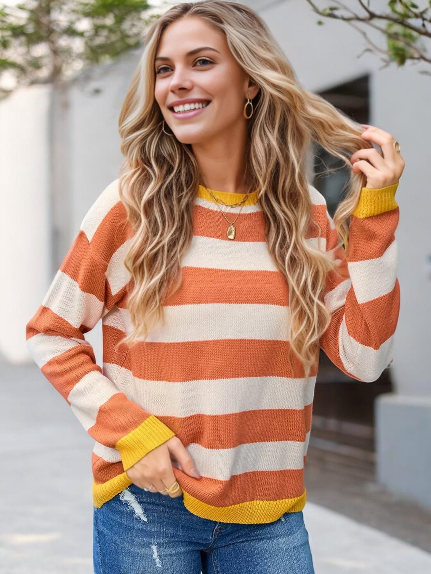 Anna-Kaci Women's Long Sleeve Striped Knit Sweater with Ribbed Cuffs and Hem