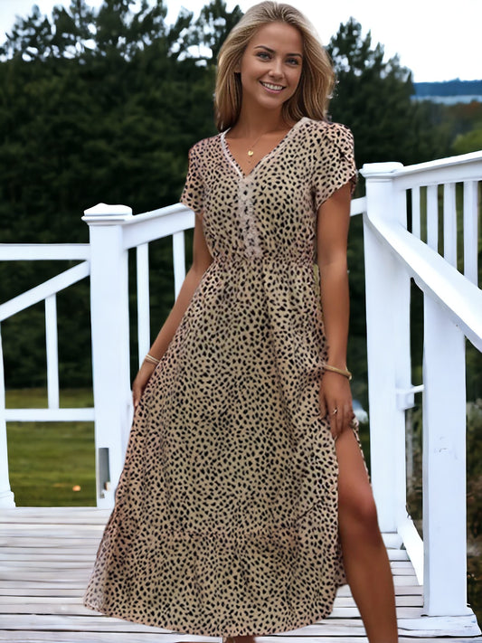 Mid-Length Gathered Waist Leopard Print Slit Midi Dress