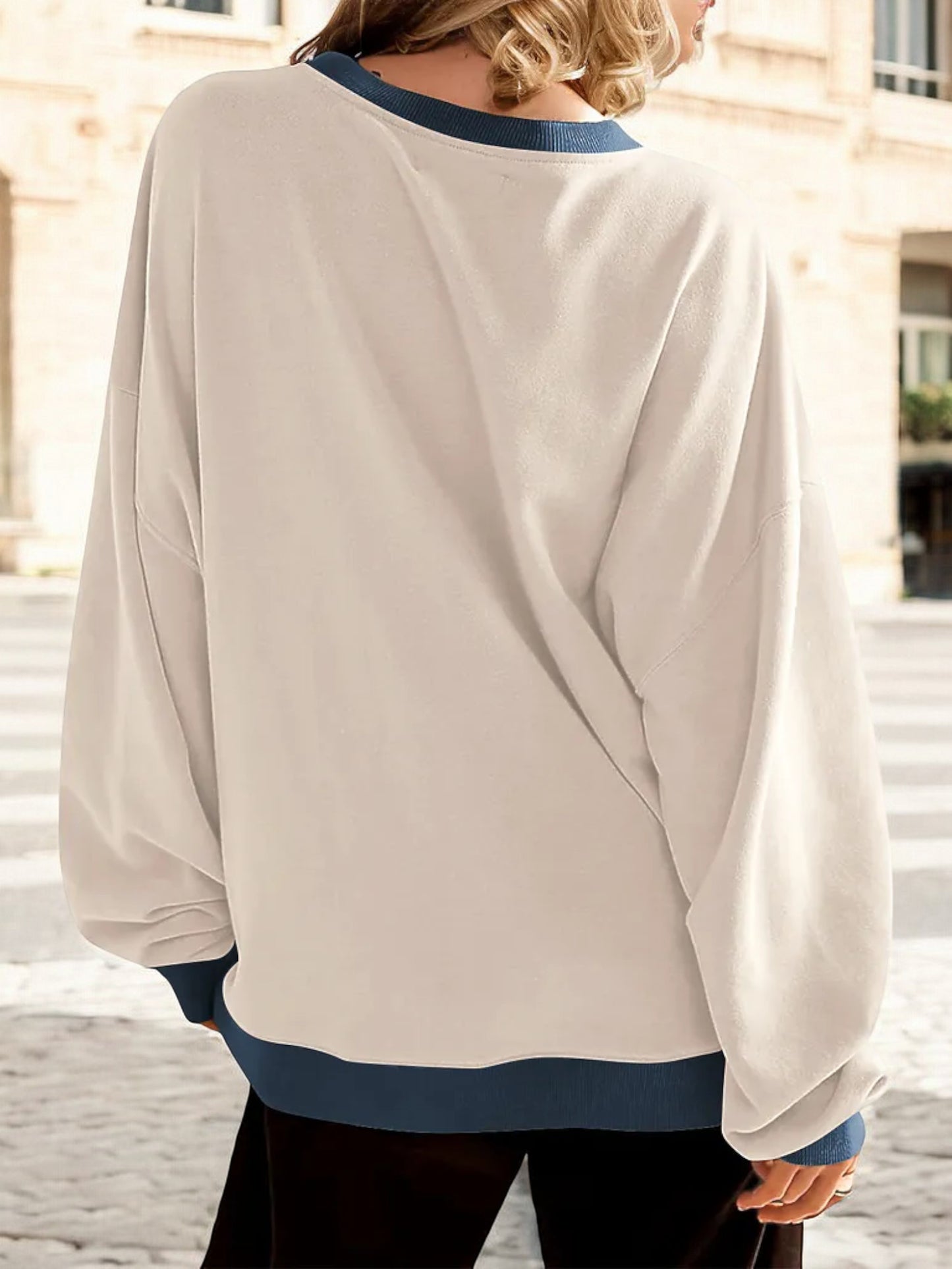Anna-Kaci Women's Contrast Trim Crew Neck Sweatshirt with Long Sleeves and Relaxed Fit