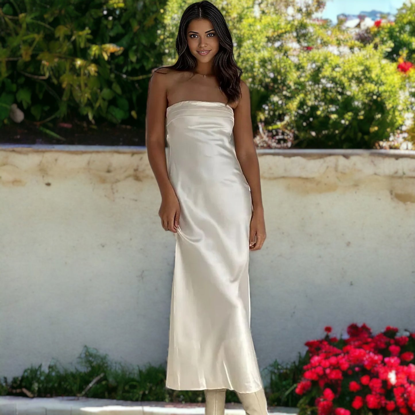 Vestido midi de satén sin espalda, sin tirantes y de corte ajustado
