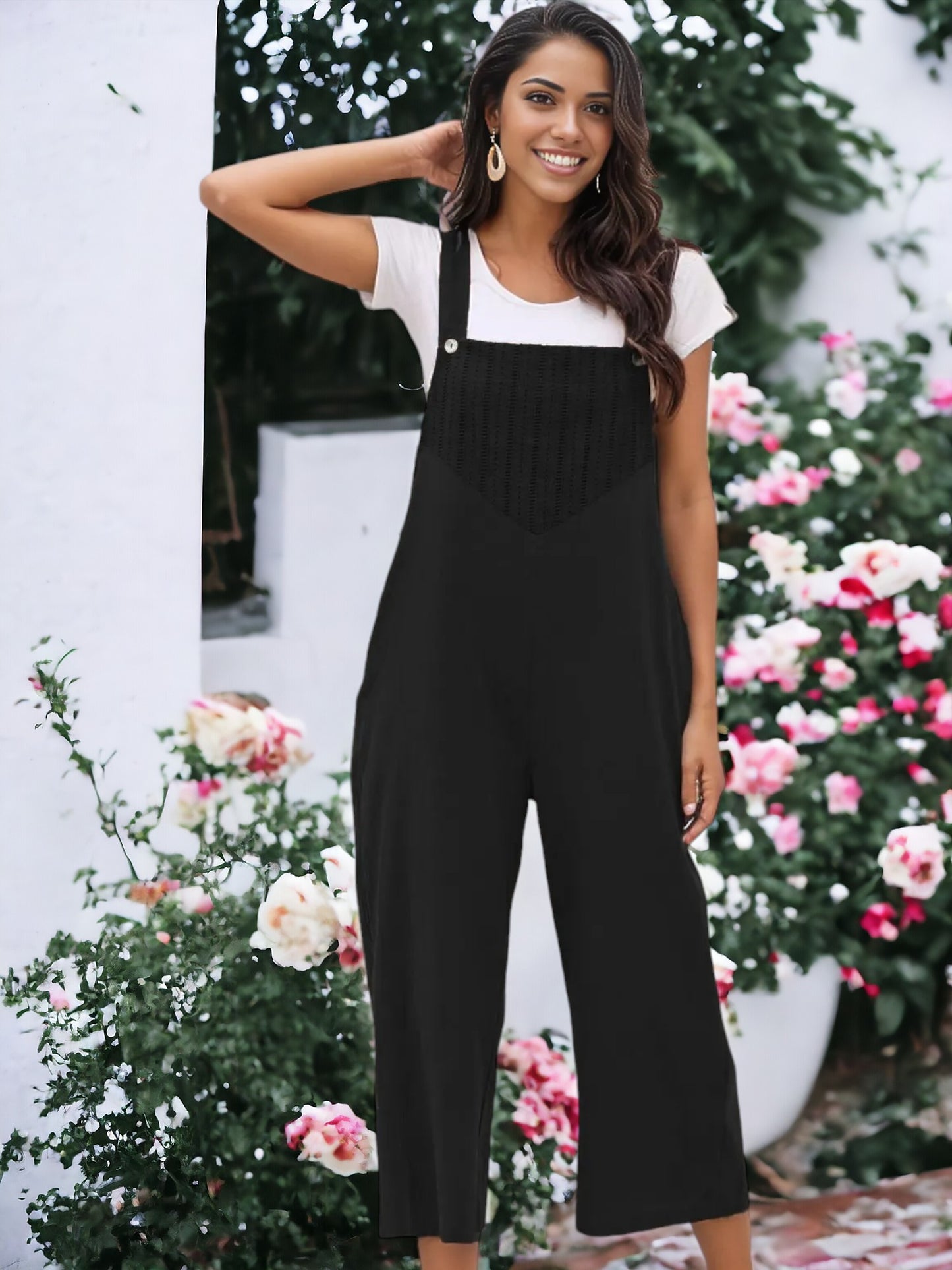 Solid Color Eyelet Detail Overalls