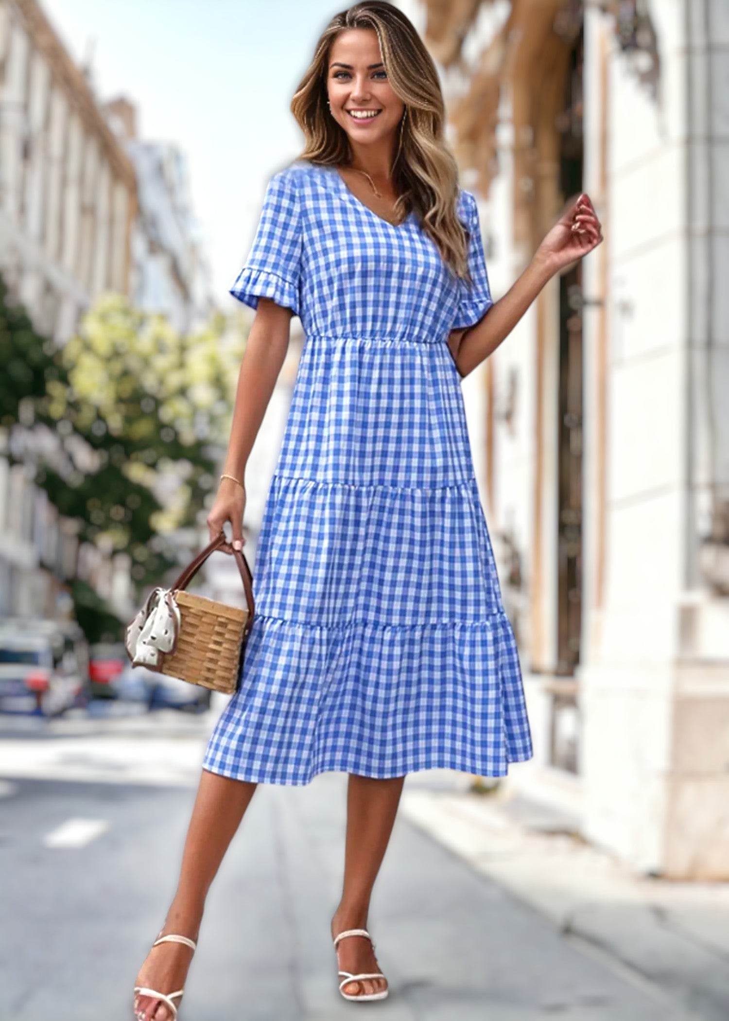 V Neck Gingham Print Tiered Dress for Women Below Knee Length Anna-Kaci V Neck Gingham Print Tiered Dress for Women Below Knee Length Anna-Kaci