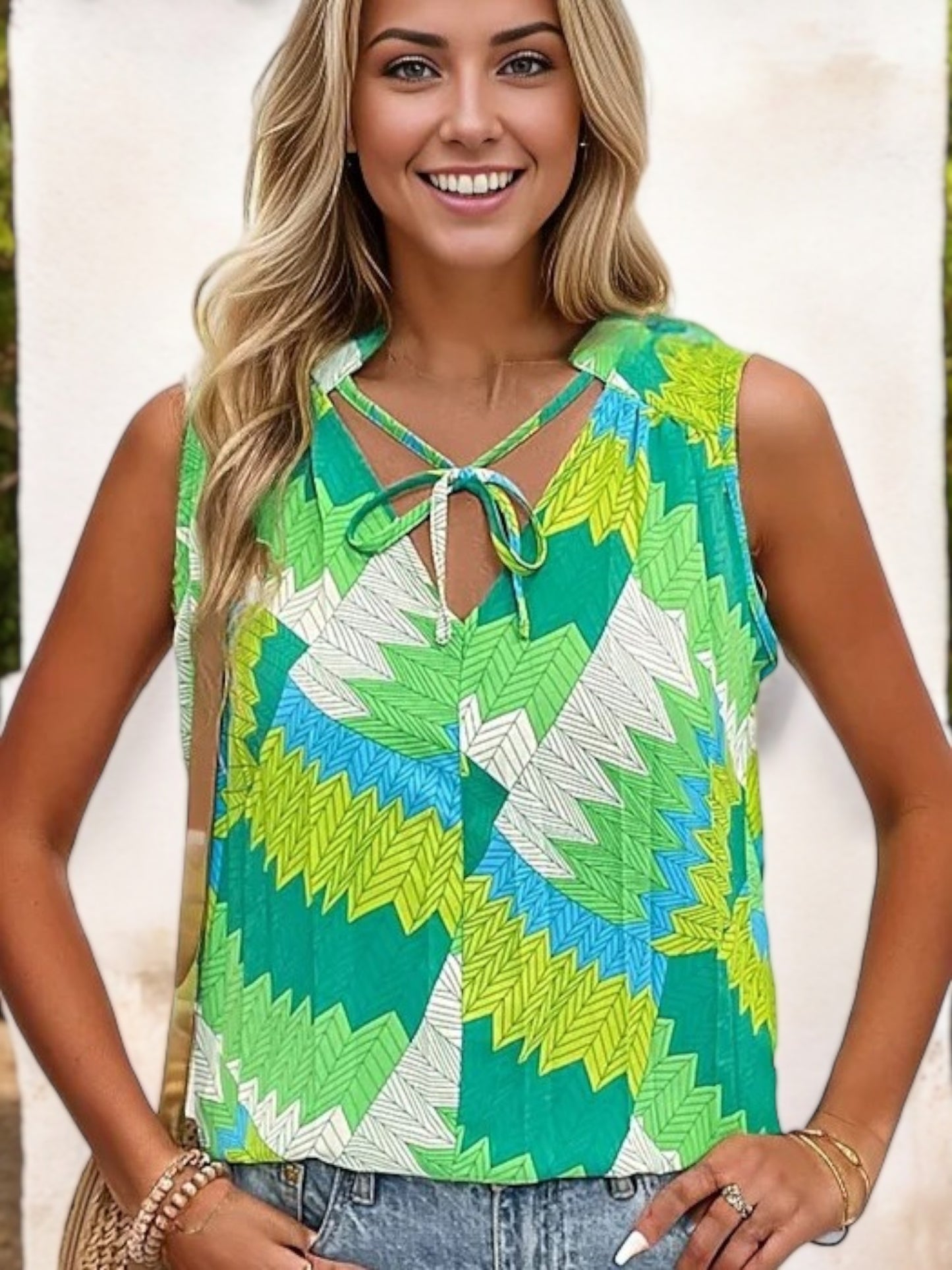 Sleeveless Printed Top with Keyhole Tie Neck and Chevron Pattern