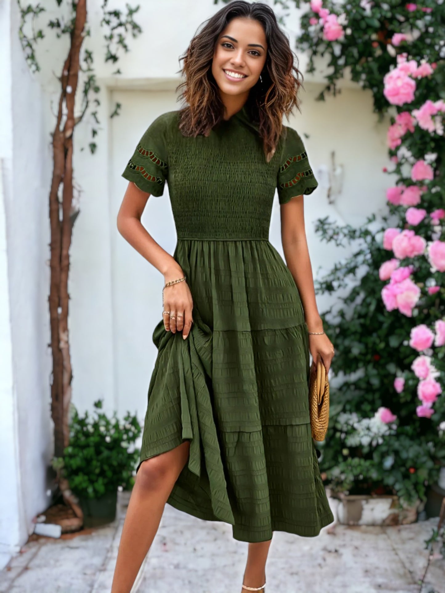 Solid Color Hallow Eyelet Sleeve Tier Midi Dress