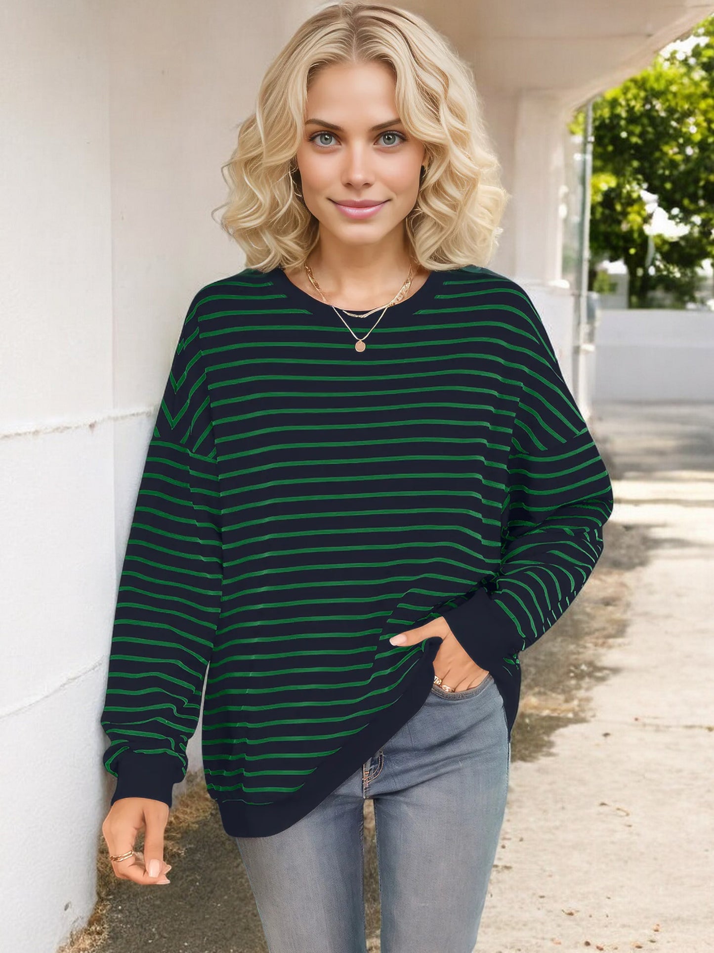 Anna-Kaci Women's Striped Long Sleeve Crew Neck Top with Drop Shoulder Design