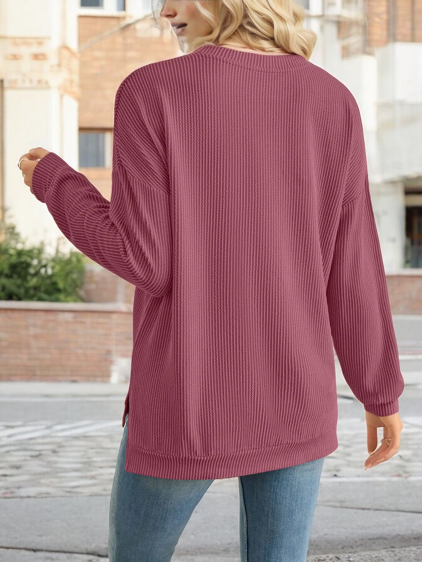 Anna-Kaci Women's Oversized Long Sleeve Knit Top with Ribbed Texture
