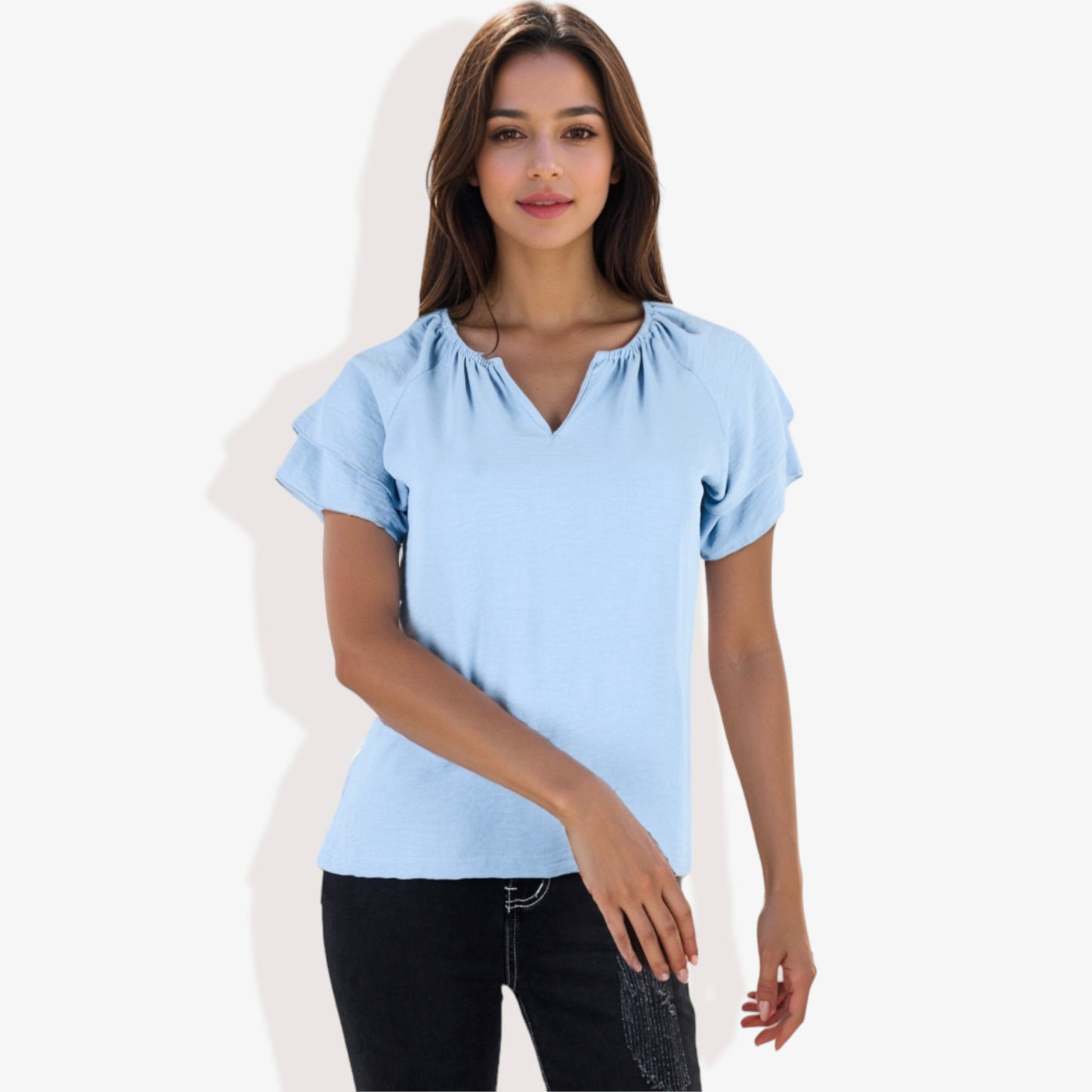 Blusa informal de mujer con escote en V y manga corta con fruncido