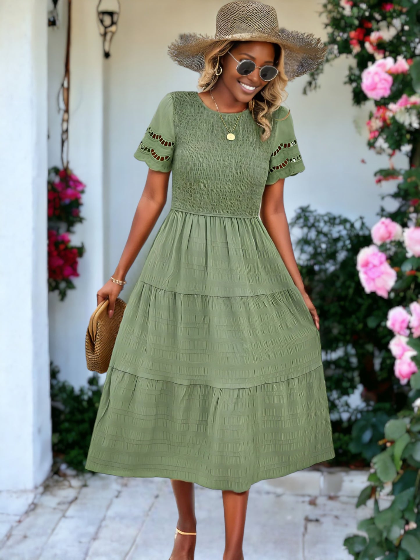 Solid Color Hallow Eyelet Sleeve Tier Midi Dress