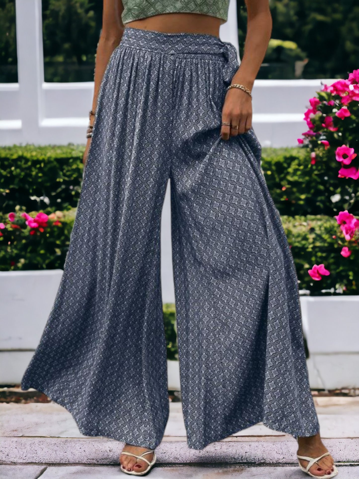 Printed High Waisted Wide Leg Breathable Loose Waist Wrap Pants