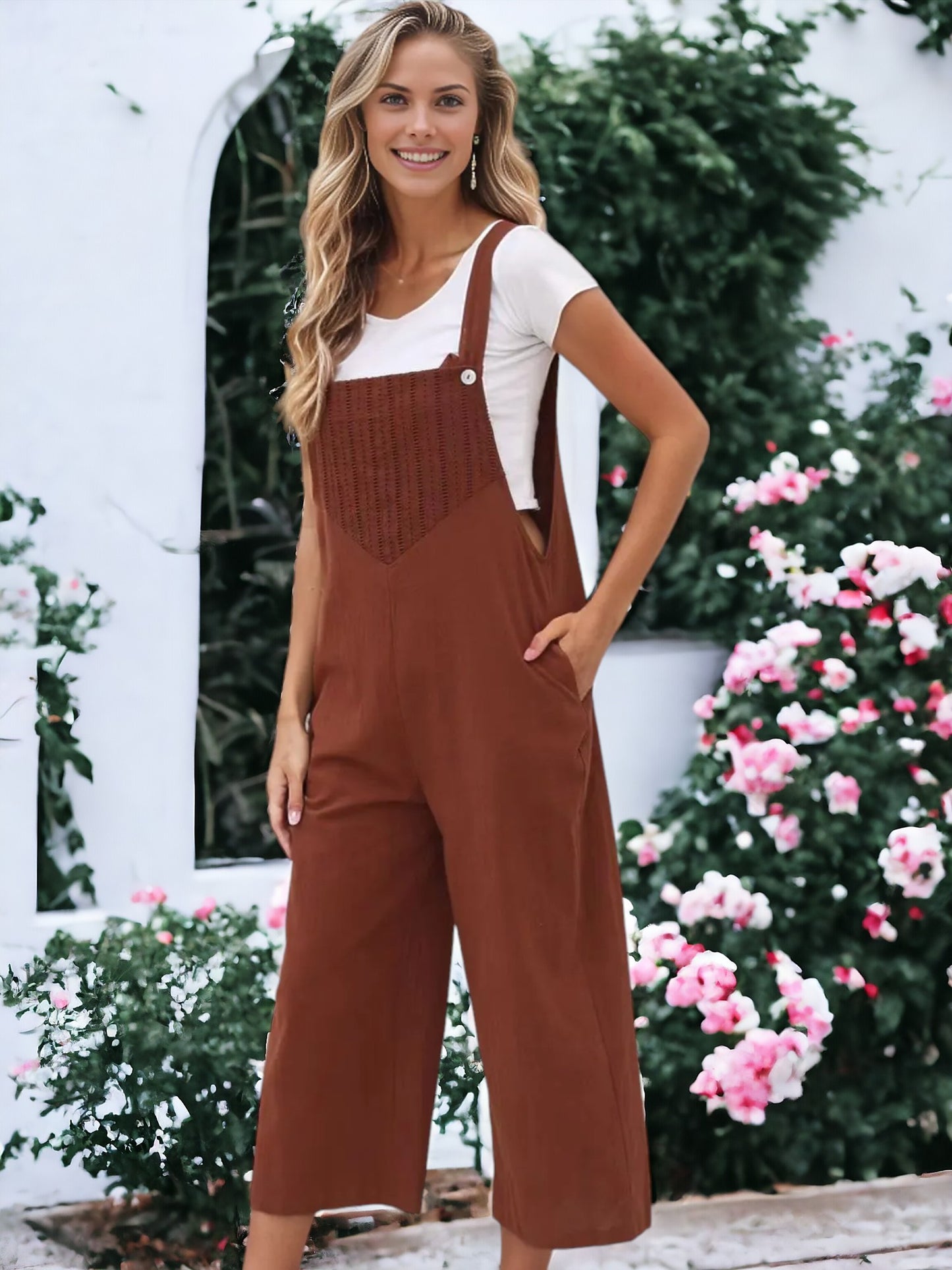 Solid Color Eyelet Detail Overalls