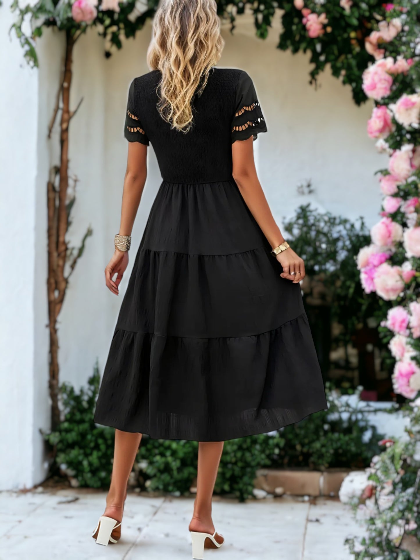 Solid Color Hallow Eyelet Sleeve Tier Midi Dress