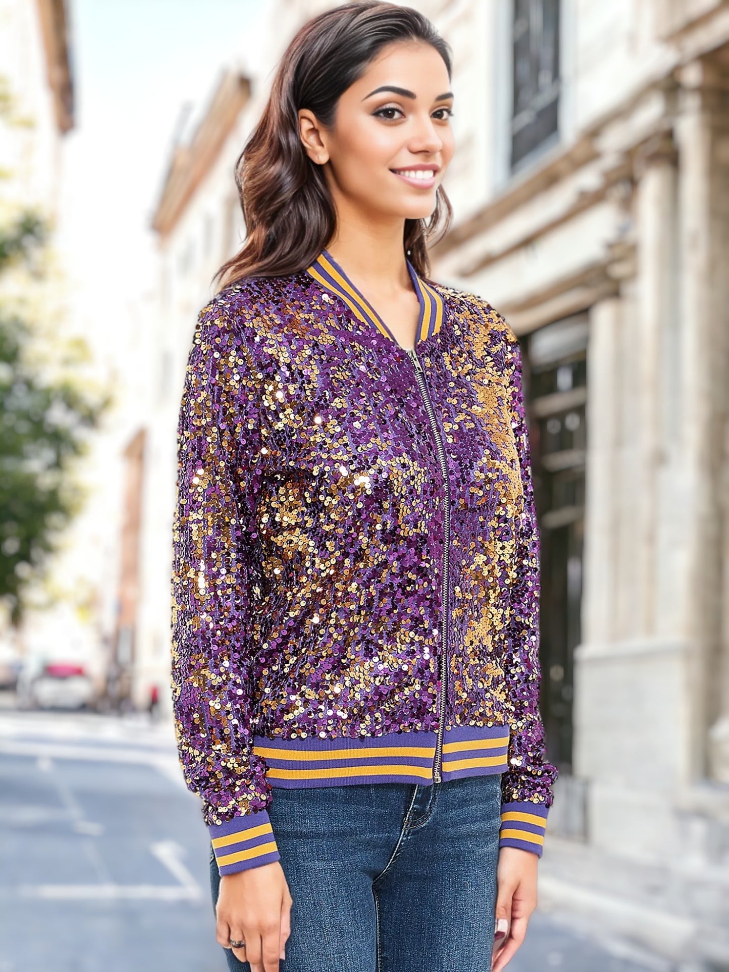 Sequin Stripe Cuff Bomber Zip-Up Jacket Varsity