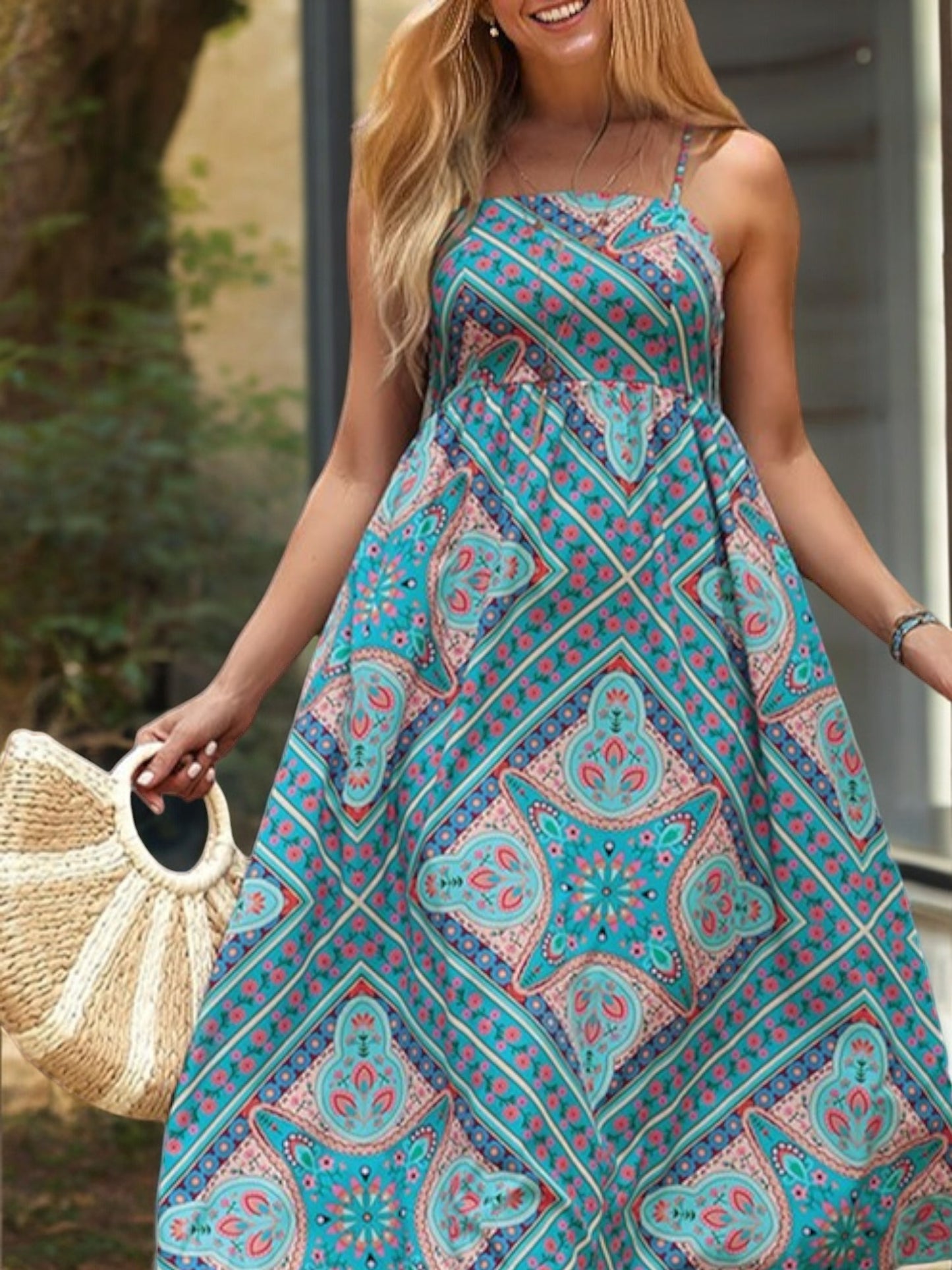 Spaghetti Strap Midi Dress with Geometric Print and Flowy Fit