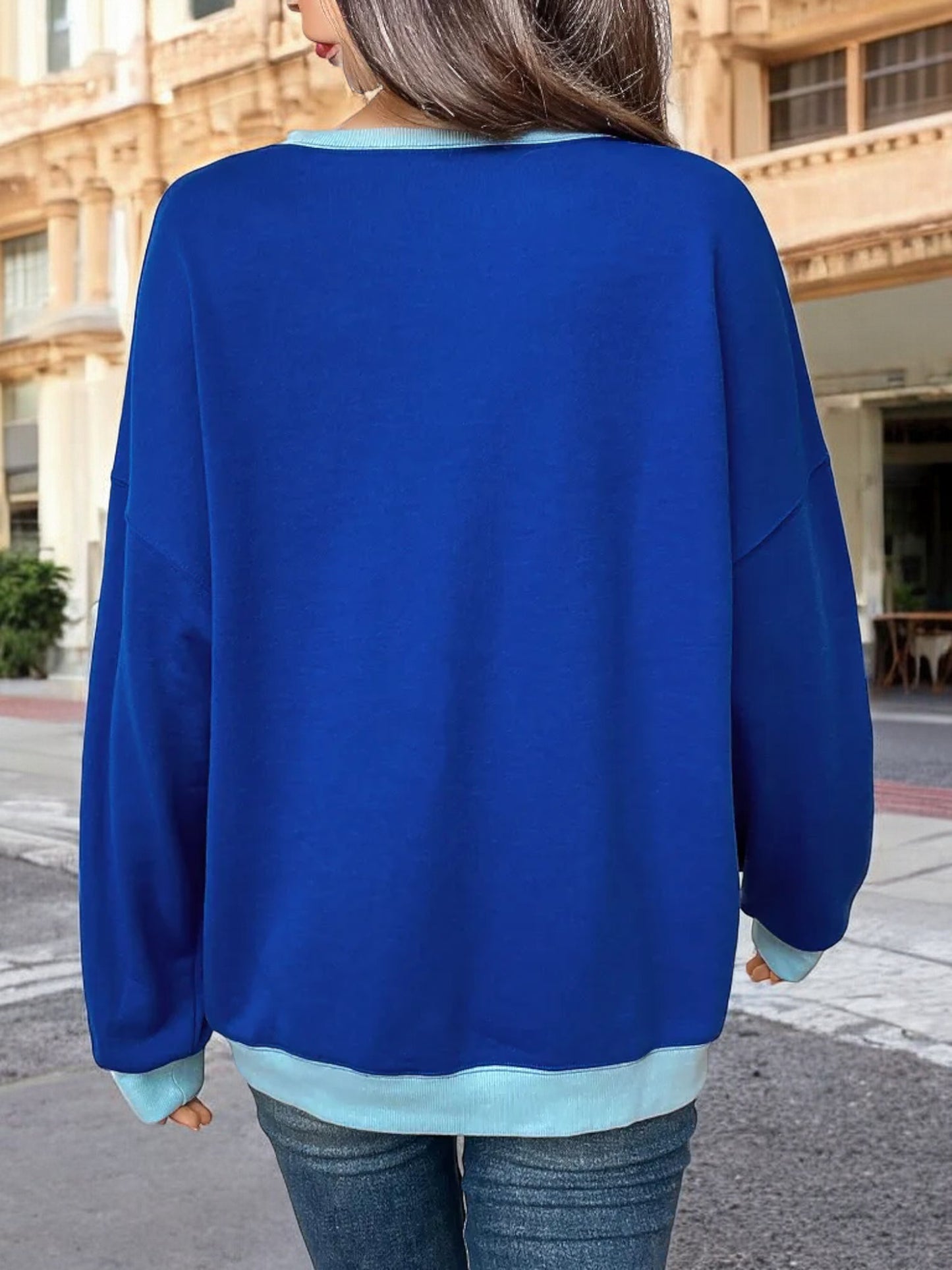 Anna-Kaci Women's Contrast Trim Crew Neck Sweatshirt with Long Sleeves and Relaxed Fit