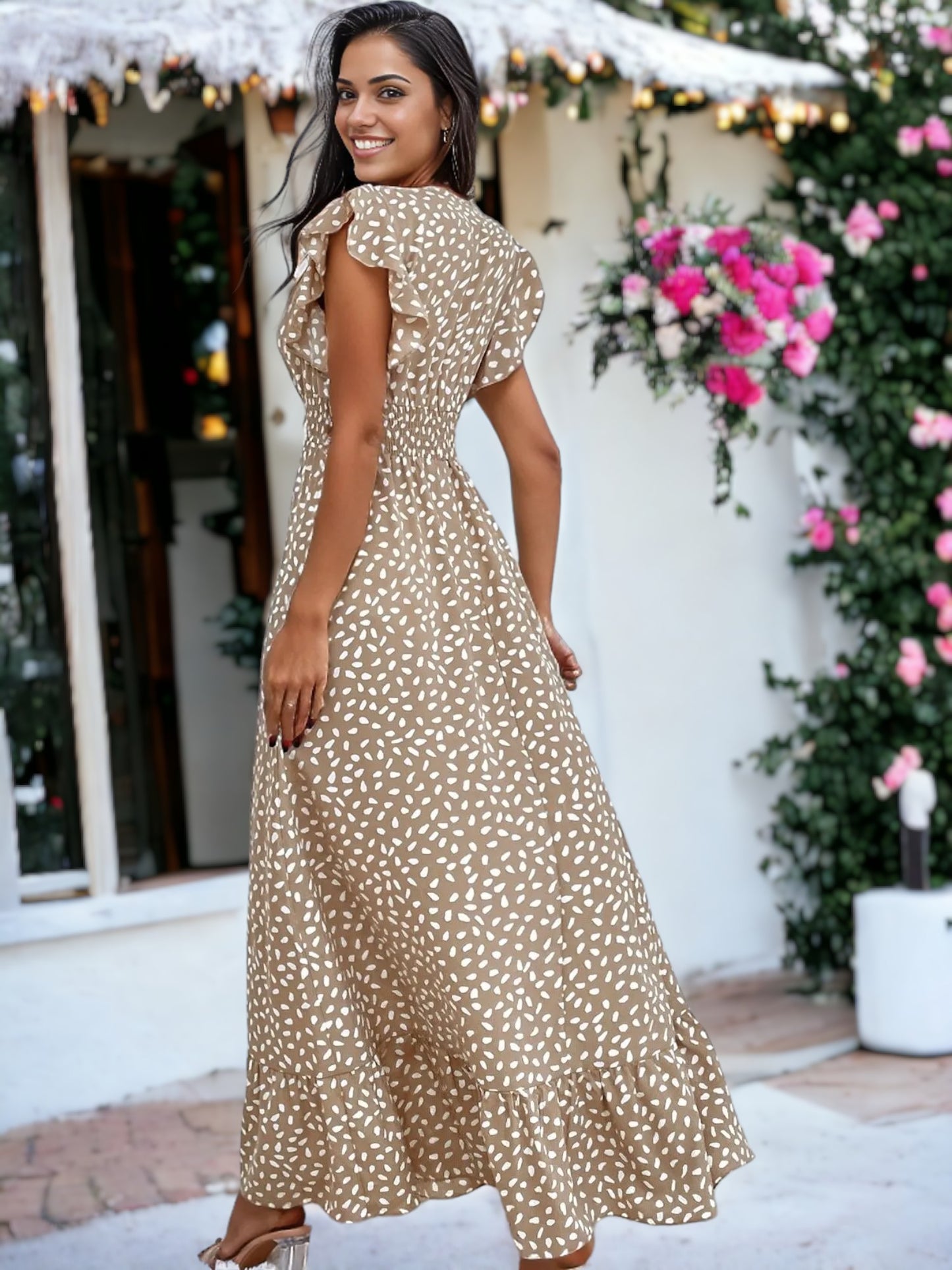 Abstract Print Shirred Waist Maxi Dress