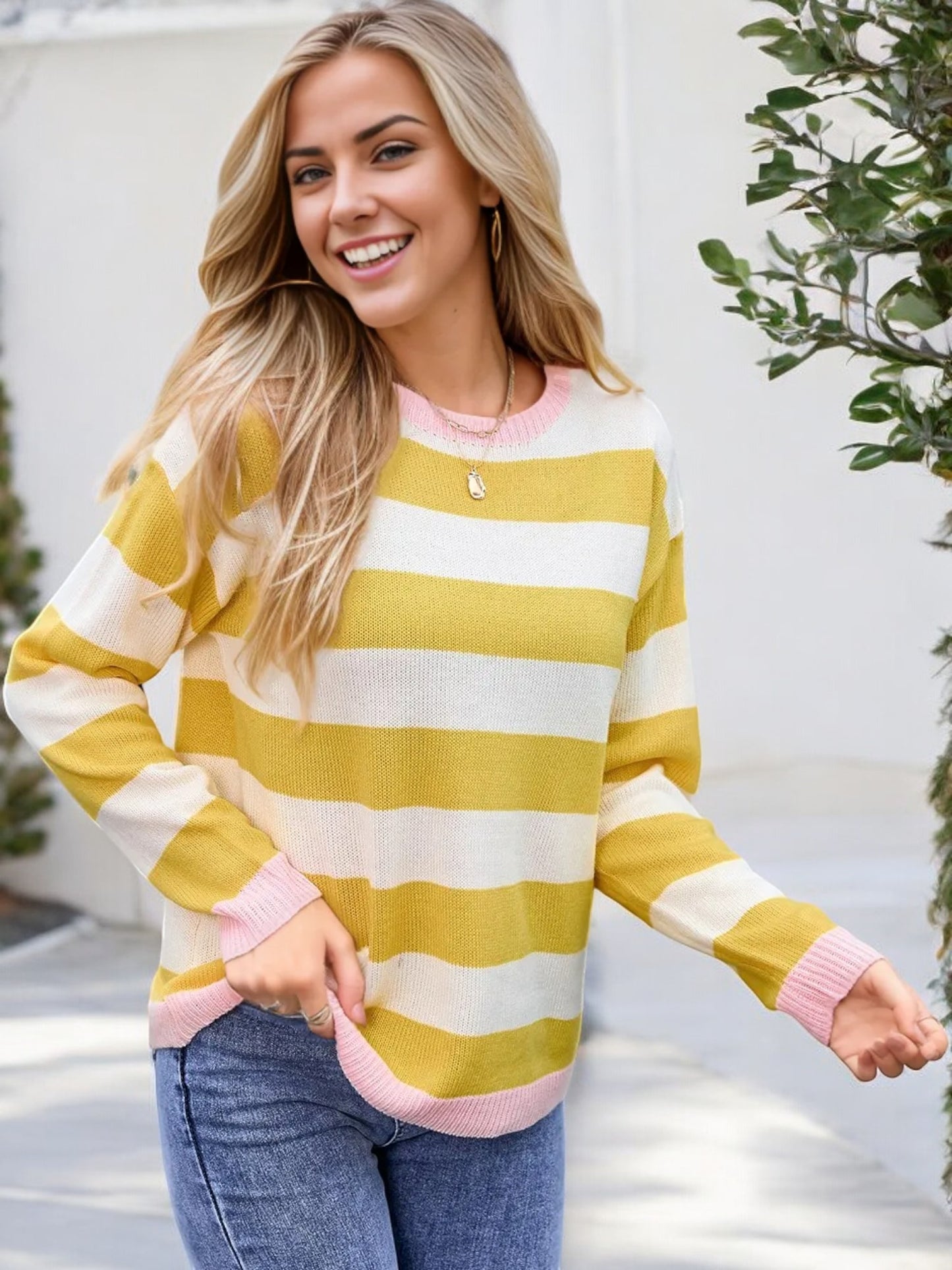 Anna-Kaci Women's Long Sleeve Striped Knit Sweater with Ribbed Cuffs and Hem