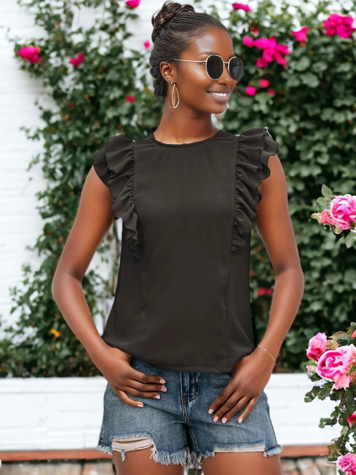 Ruffle Sleeveless Tied Open Back Blouse