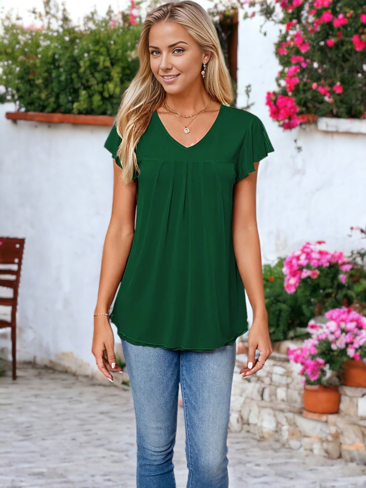 V-Neck Flutter Sleeved Two Layer Mesh Detail Blouse