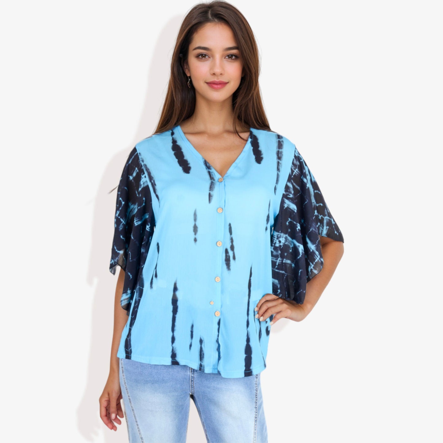 Anna-Kaci Women's Button-Front Tie-Dye Kimono Sleeve Blouse