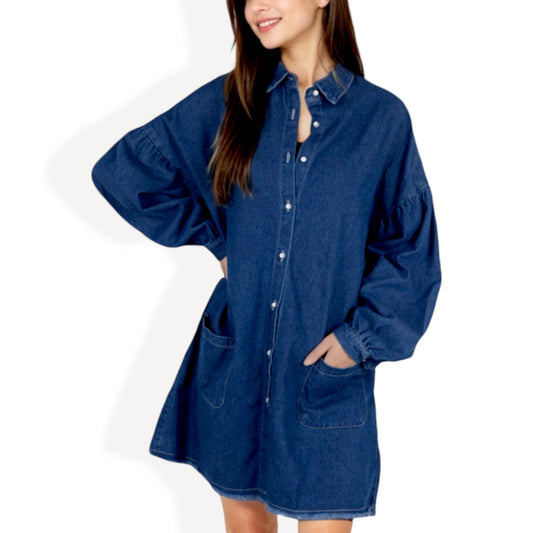 Anna-Kaci Women's Long Sleeve Denim Shirt Dress with Front Button Closure and Patch Pockets