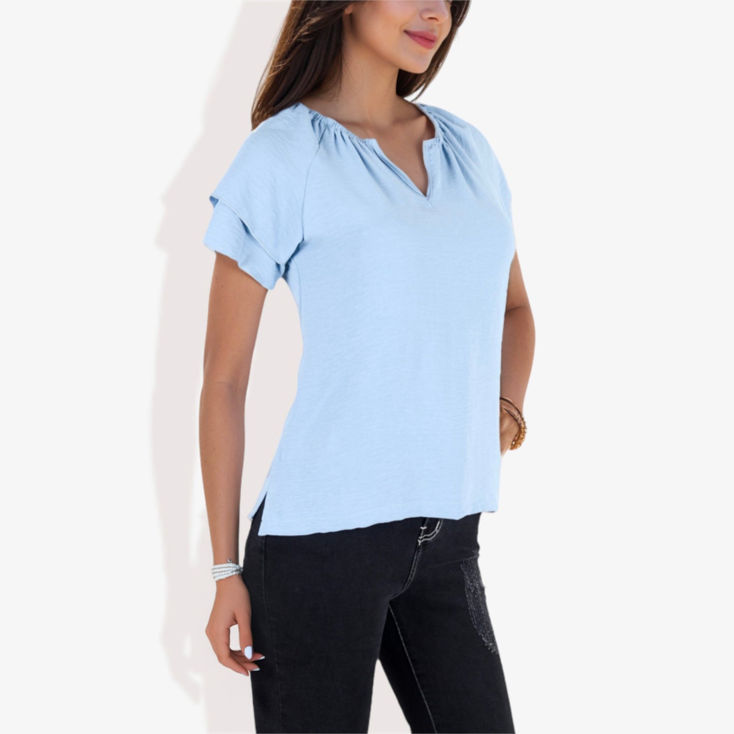 Blusa informal de mujer con escote en V y manga corta con fruncido