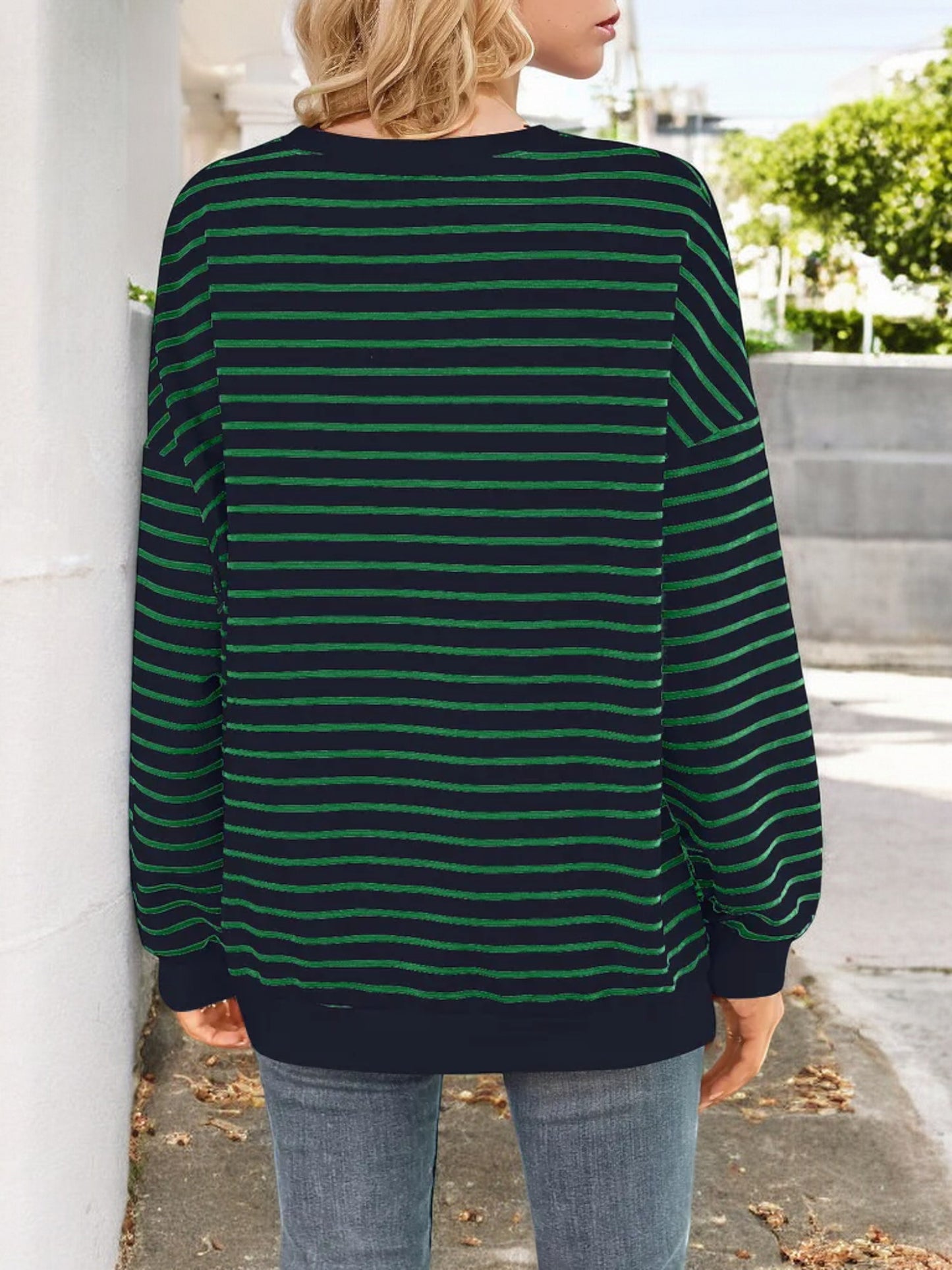 Anna-Kaci Women's Striped Long Sleeve Crew Neck Top with Drop Shoulder Design