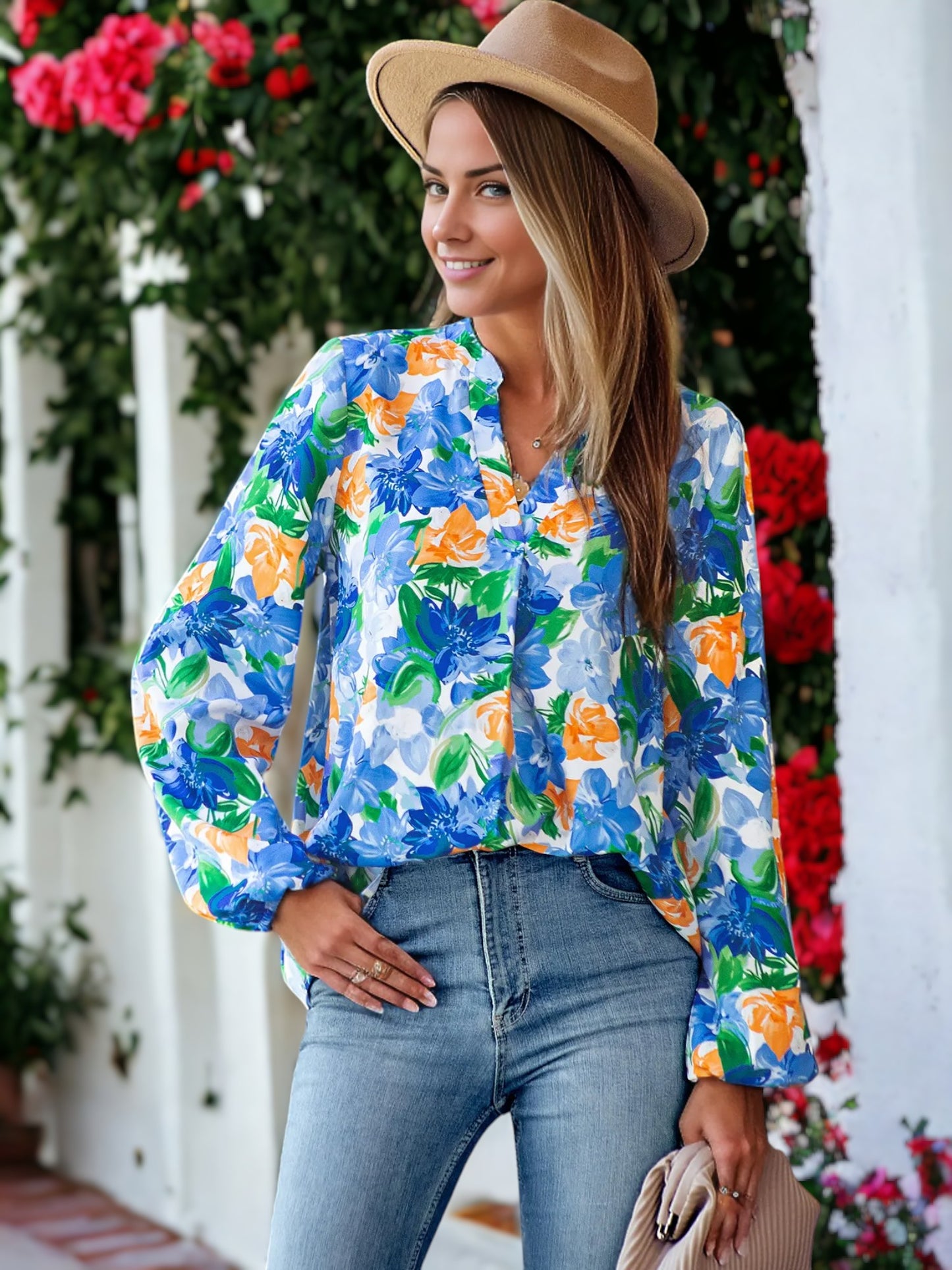 Split V Neck Multicolor Floral Blouse