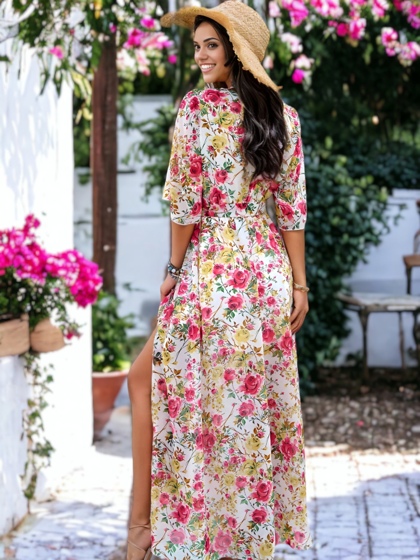Floral Printed Midi Puffed Sleeve Wrap V-Neck Maxi Dress