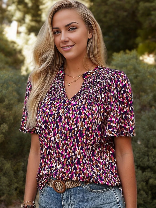 Short Sleeve Printed Blouse with Smocked Detail and V-Neck