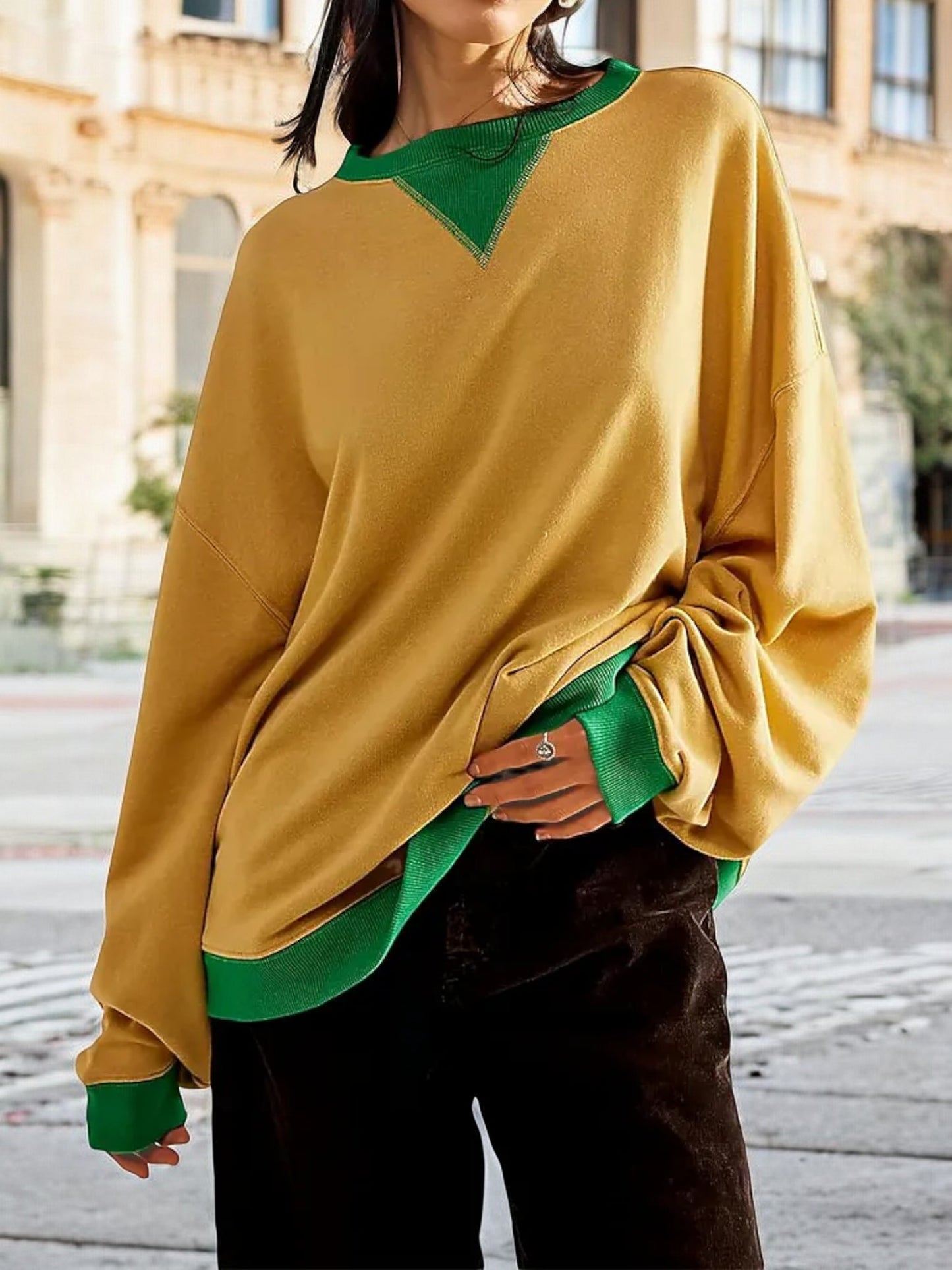 Anna-Kaci Women's Contrast Trim Crew Neck Sweatshirt with Long Sleeves and Relaxed Fit