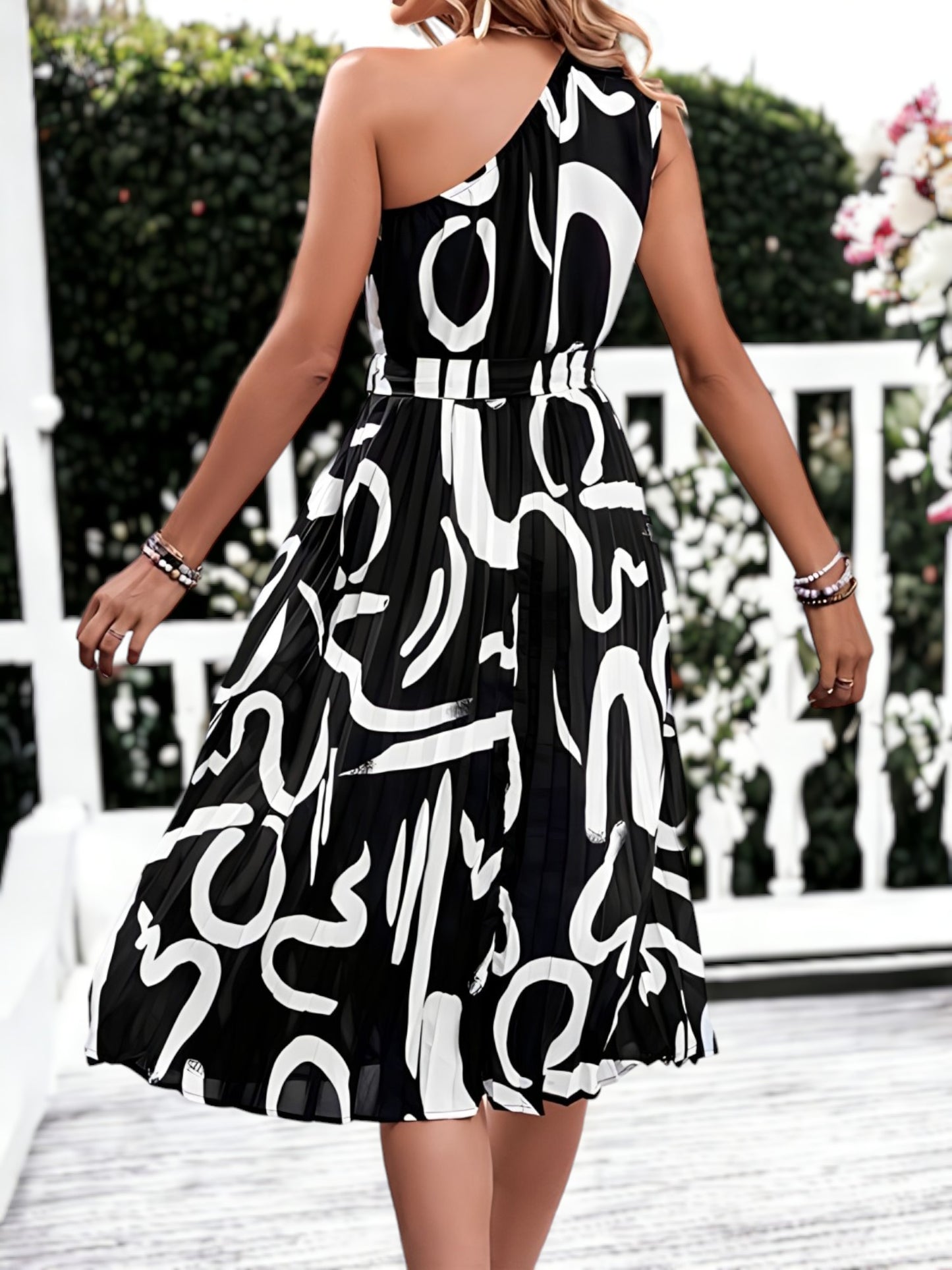 Printed One Shoulder Waist Tie Dress