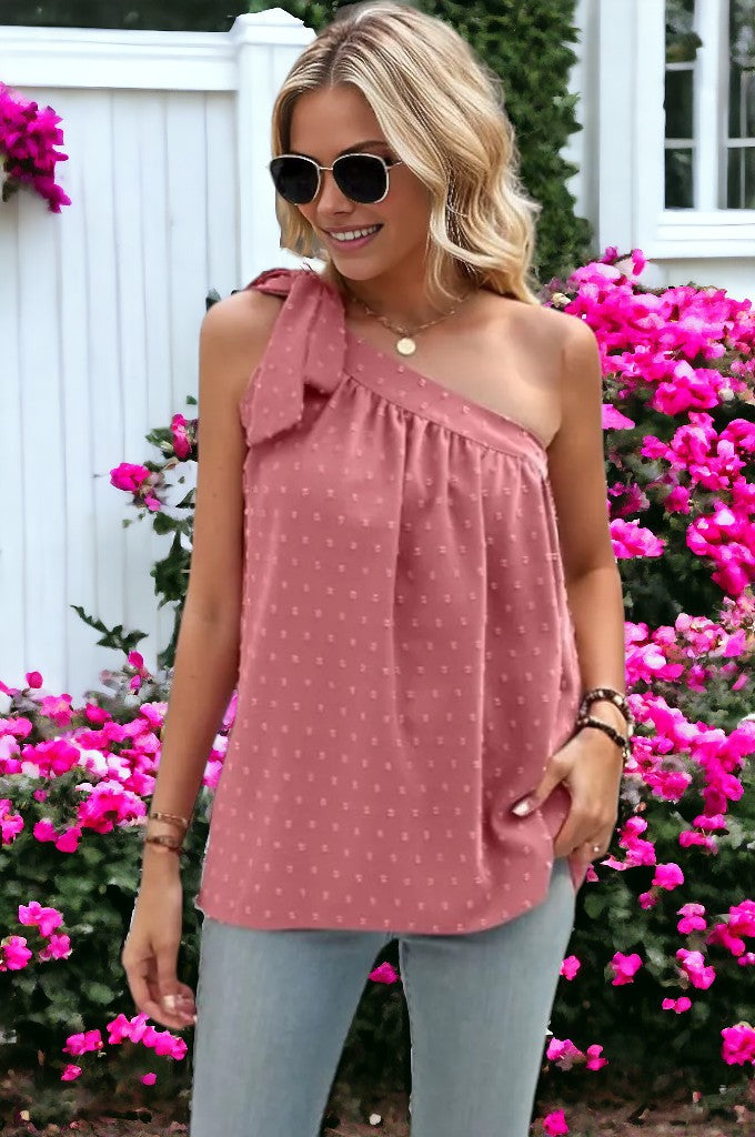 Oblique One Shoulder Bow Tied Loose Top