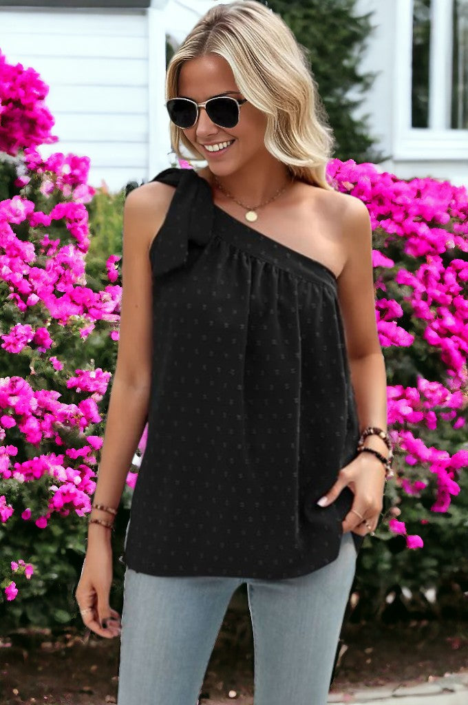 Oblique One Shoulder Bow Tied Loose Top