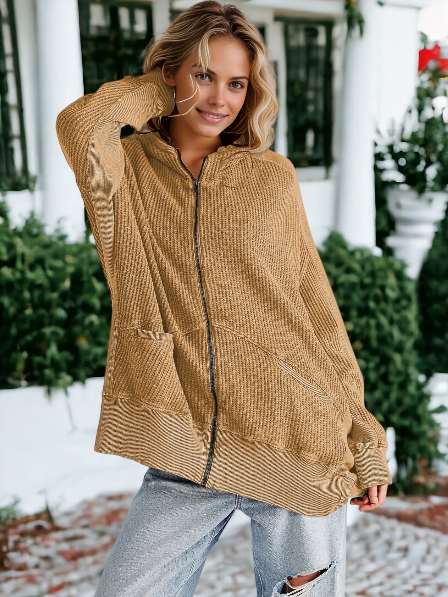 Waffle Knit Textured Hooded Jacket