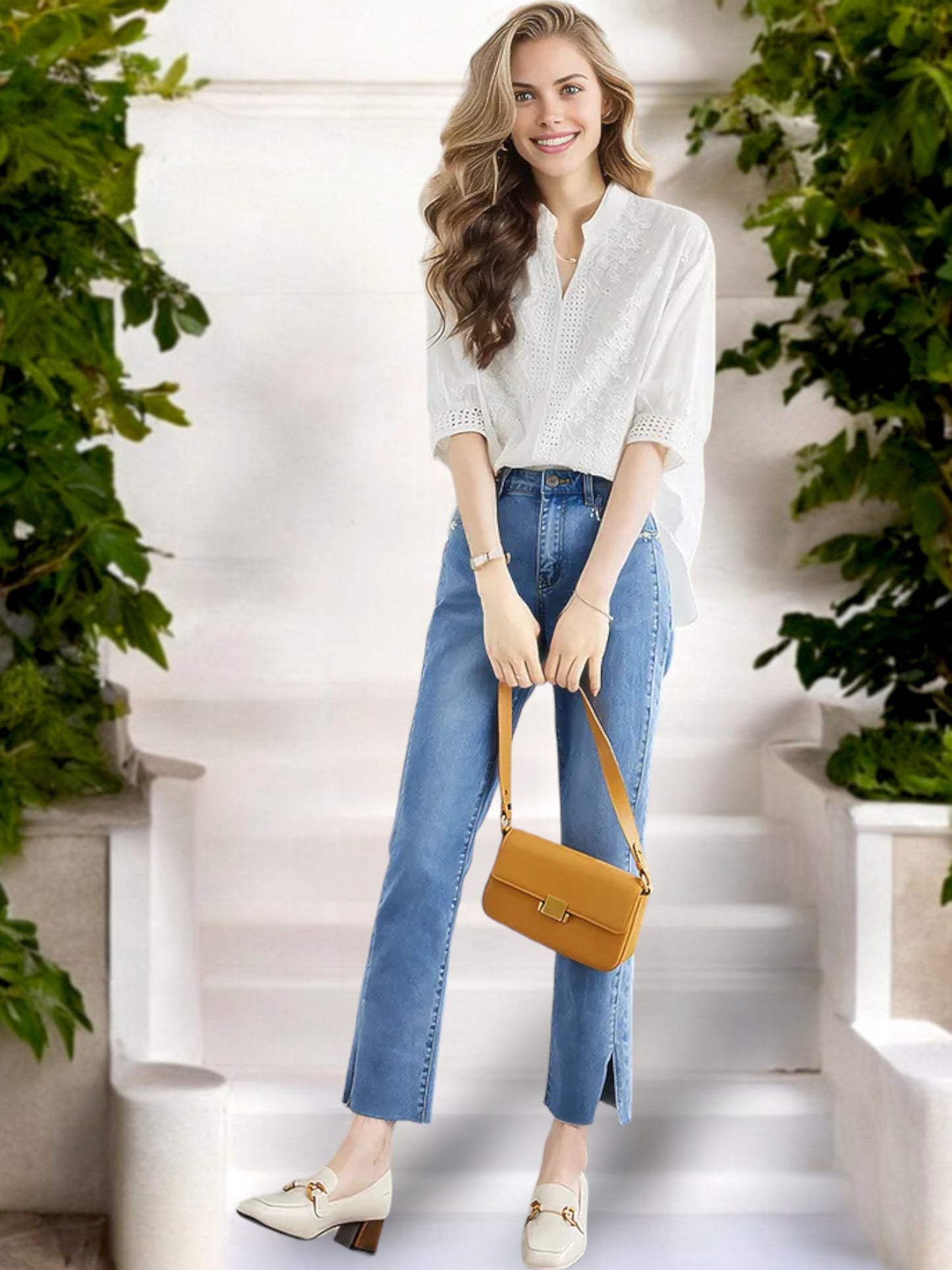 Anna-Kaci Women's Embroidered 3/4 Sleeve Button-Down Blouse with V-Neck