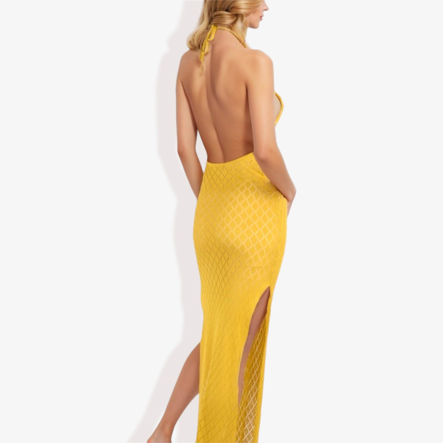 Halter Fishnet Design Side Slits Maxi Dress
