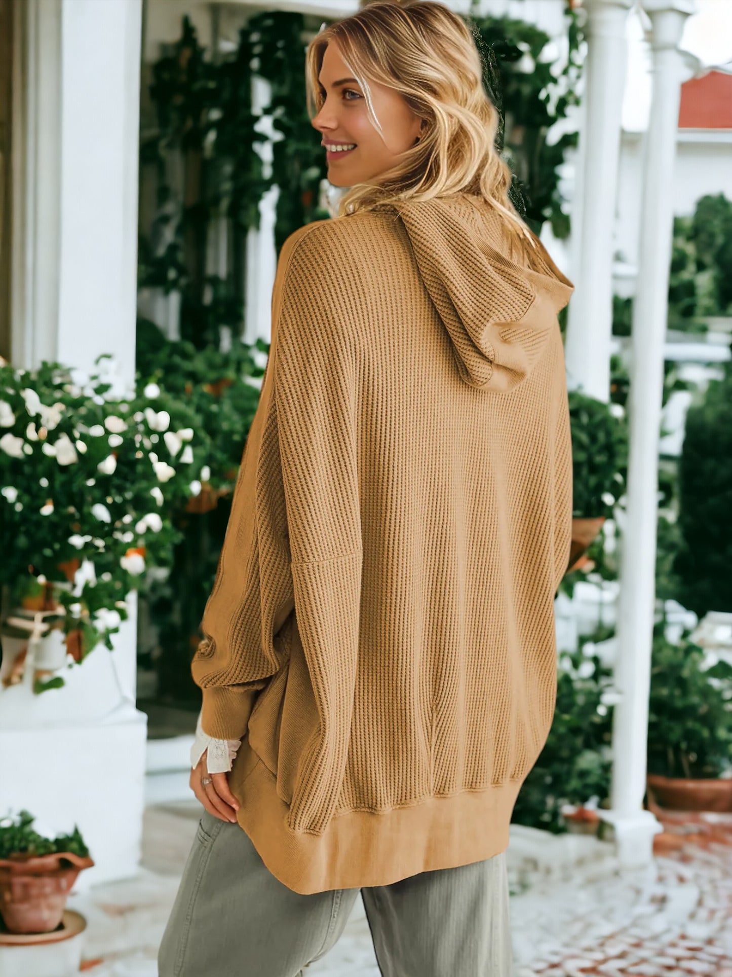 Waffle Knit Textured Hooded Jacket