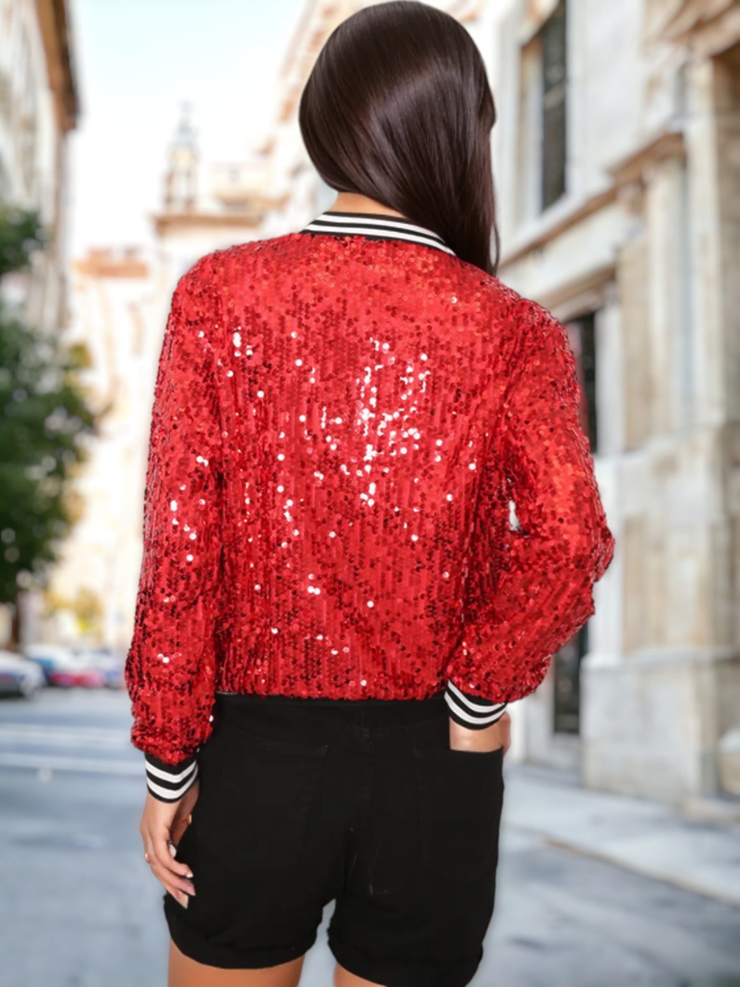 Sequin Stripe Cuff Bomber Zip-Up Jacket Varsity