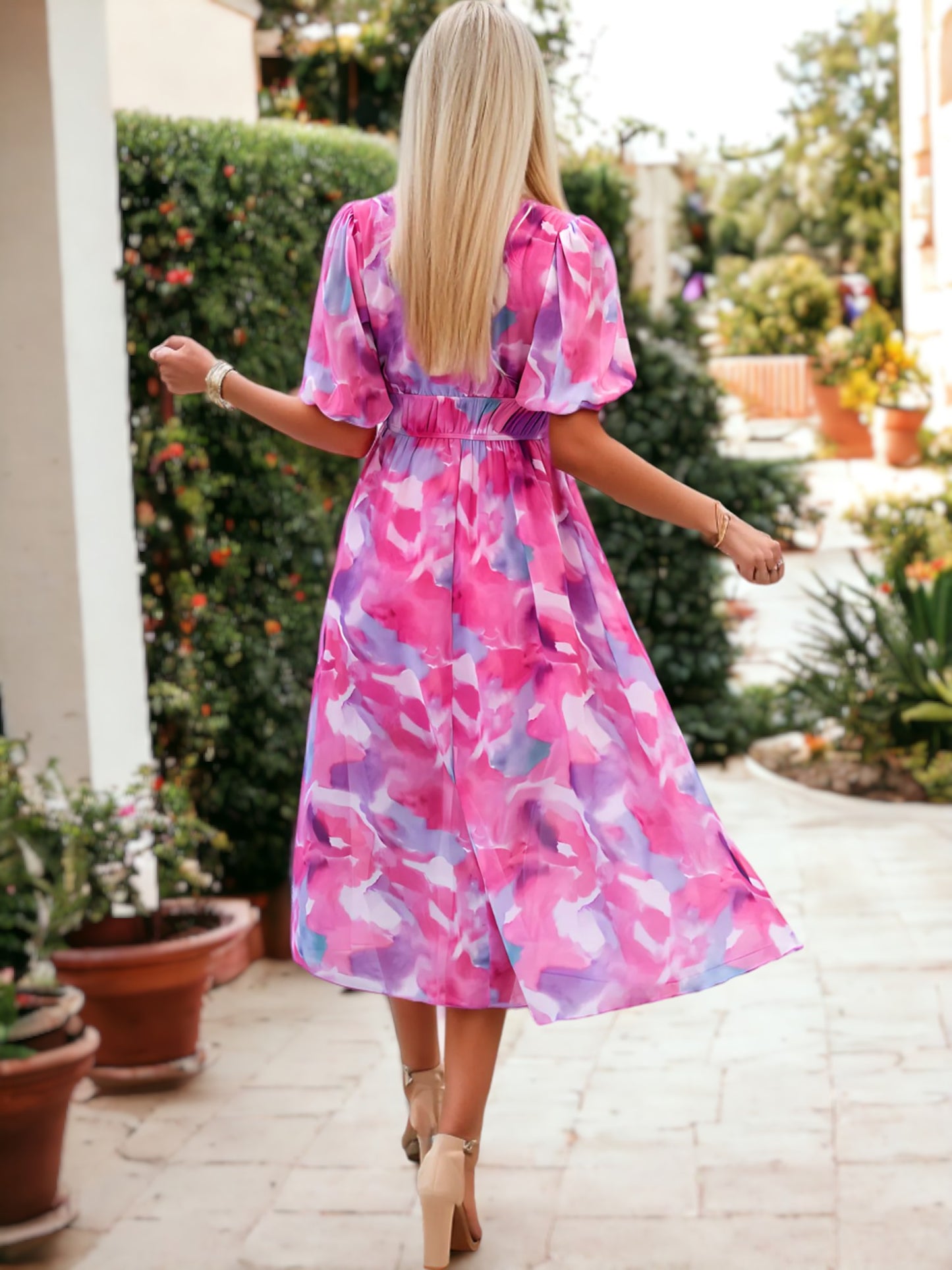 Casual Floral Printed V-Neck Puffed Sleeve Maxi Dress