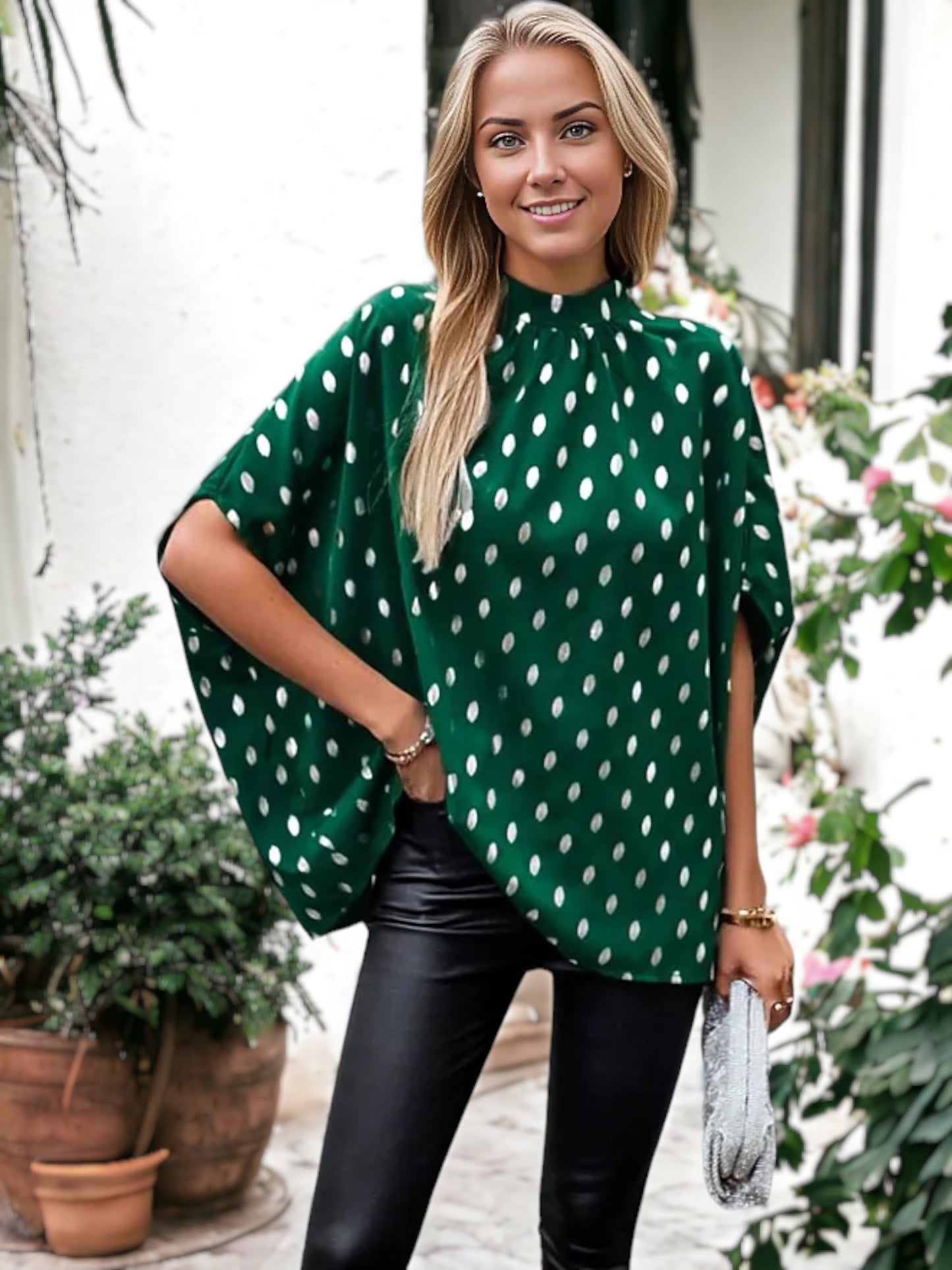 Spotted Print Dolman Sleeve Blouse