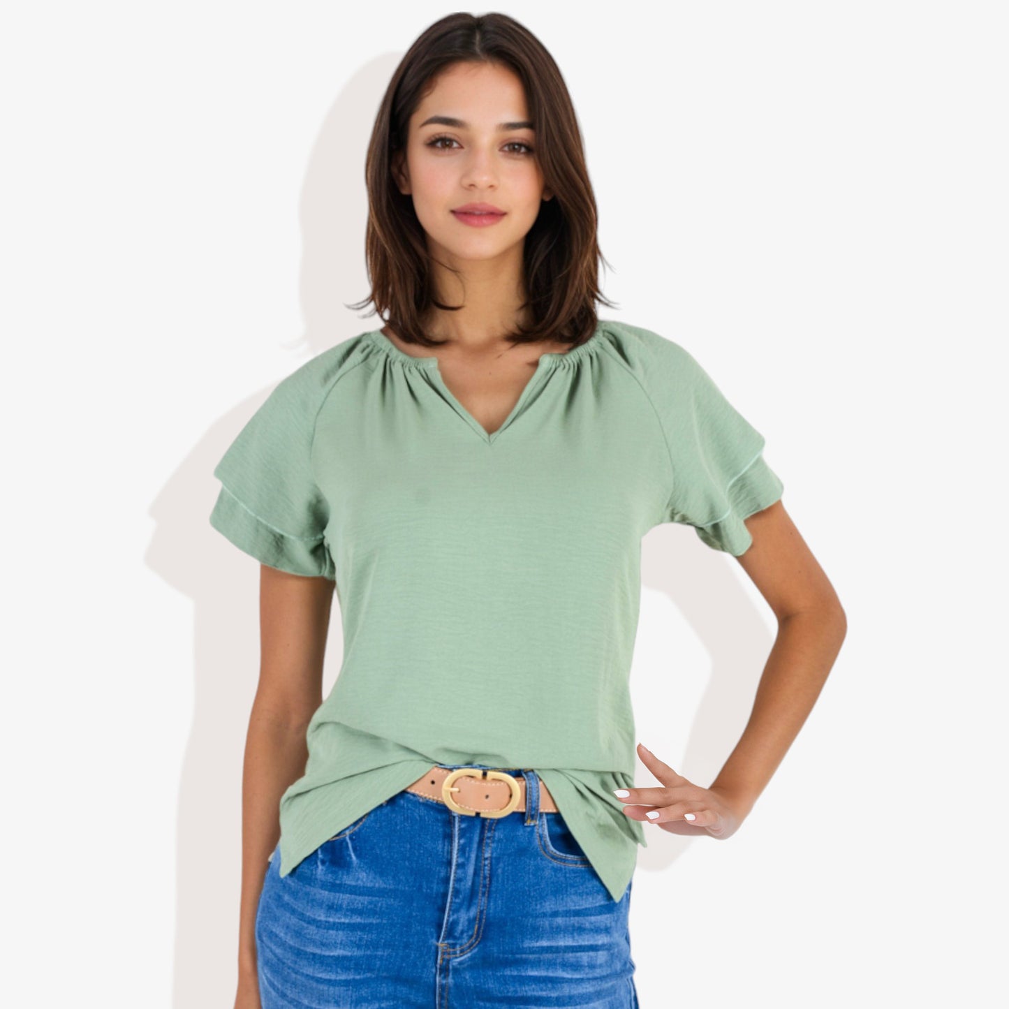 Blusa informal de mujer con escote en V y manga corta con fruncido
