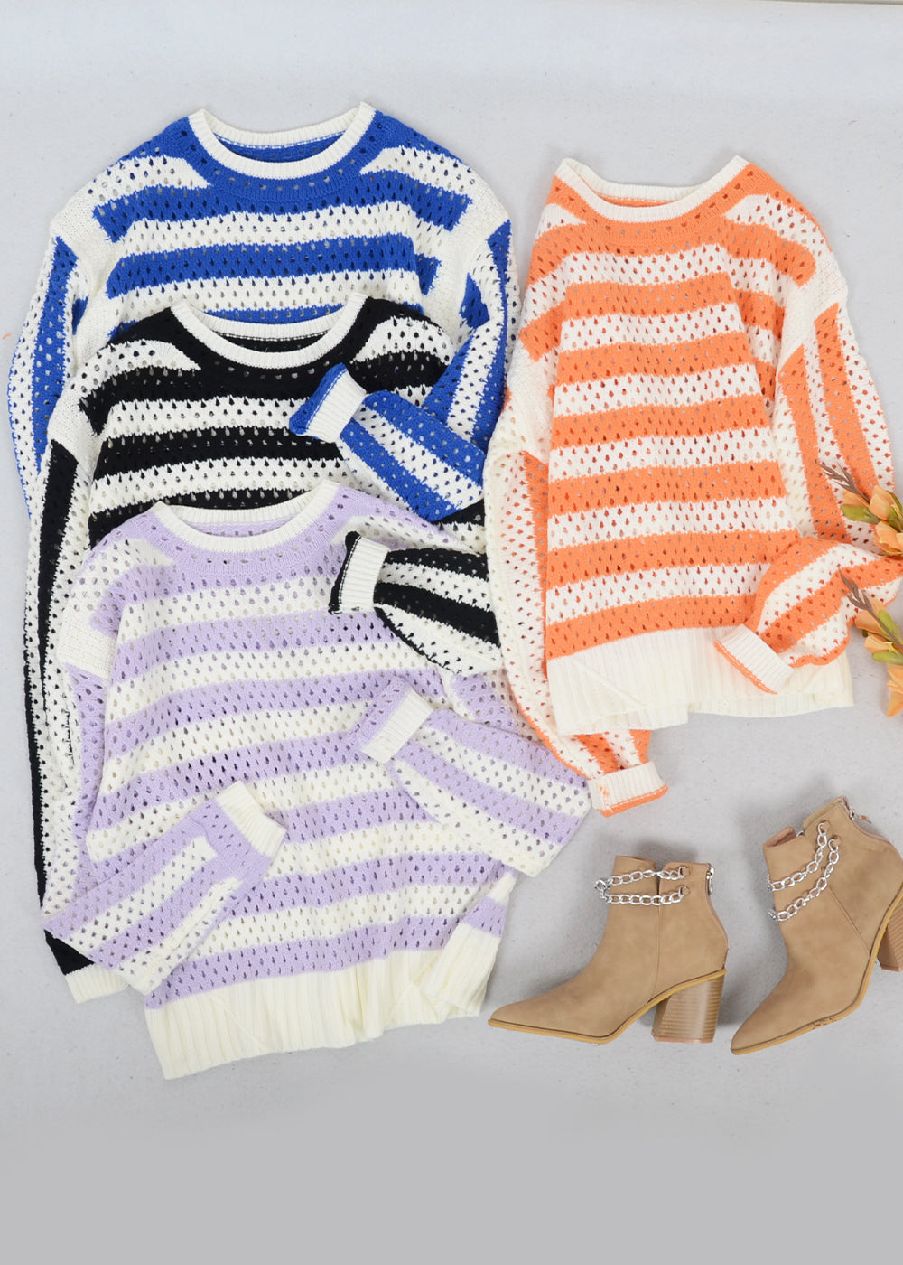 Suéter de red de crochet con rayas de dos tonos