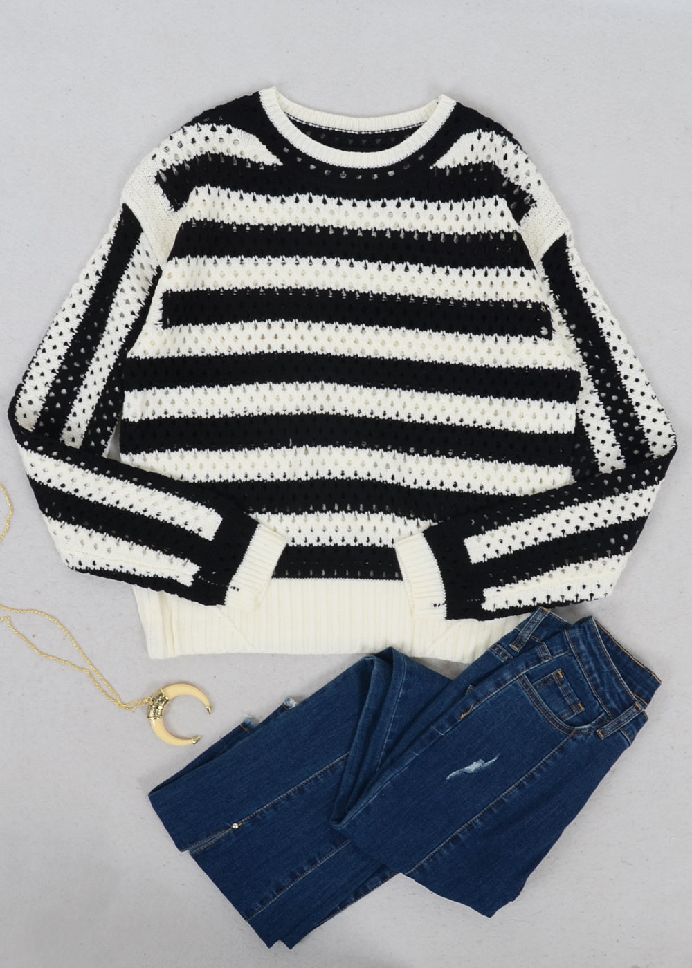 Two Tone Striped Crochet Net Sweater
