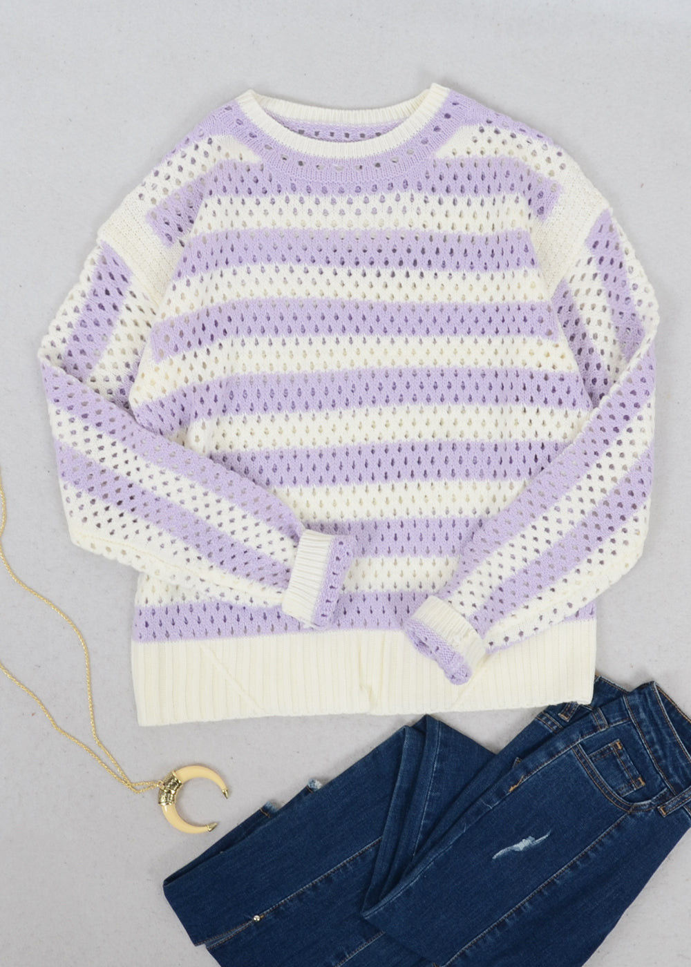 Two Tone Striped Crochet Net Sweater