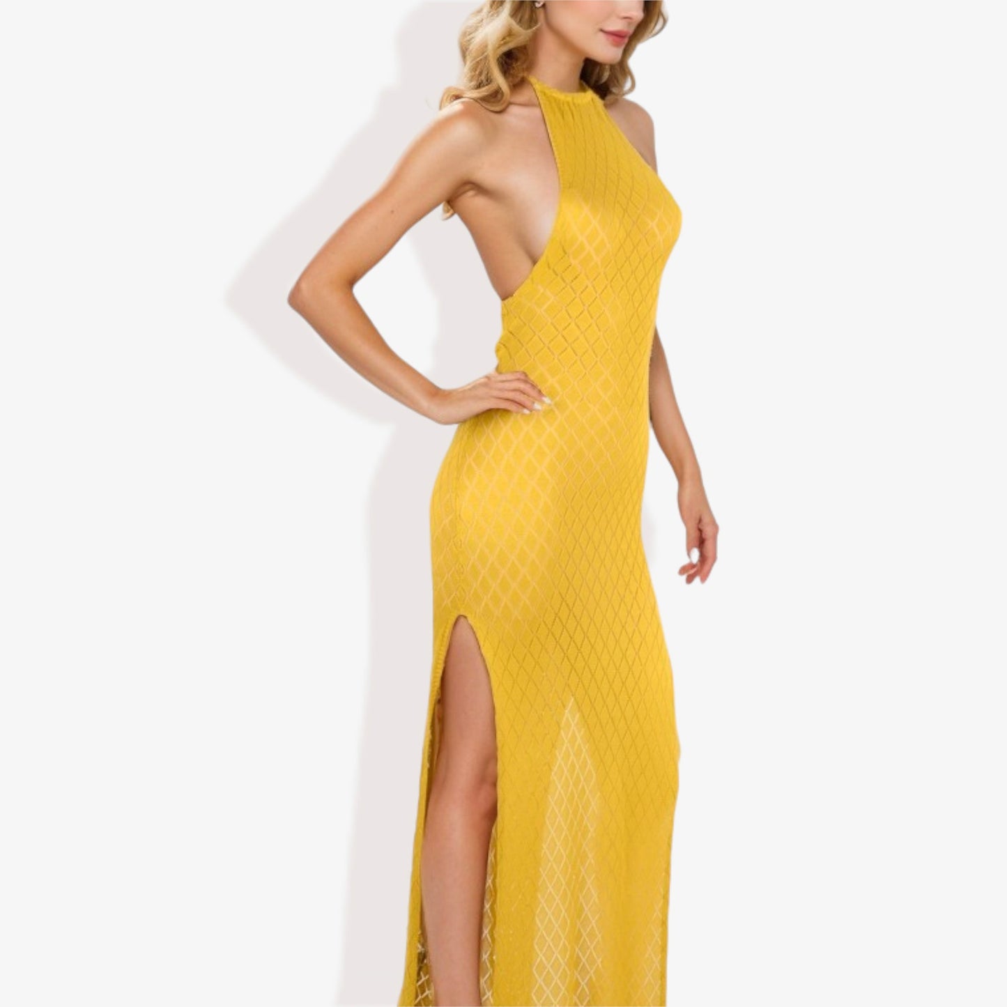 Halter Fishnet Design Side Slits Maxi Dress