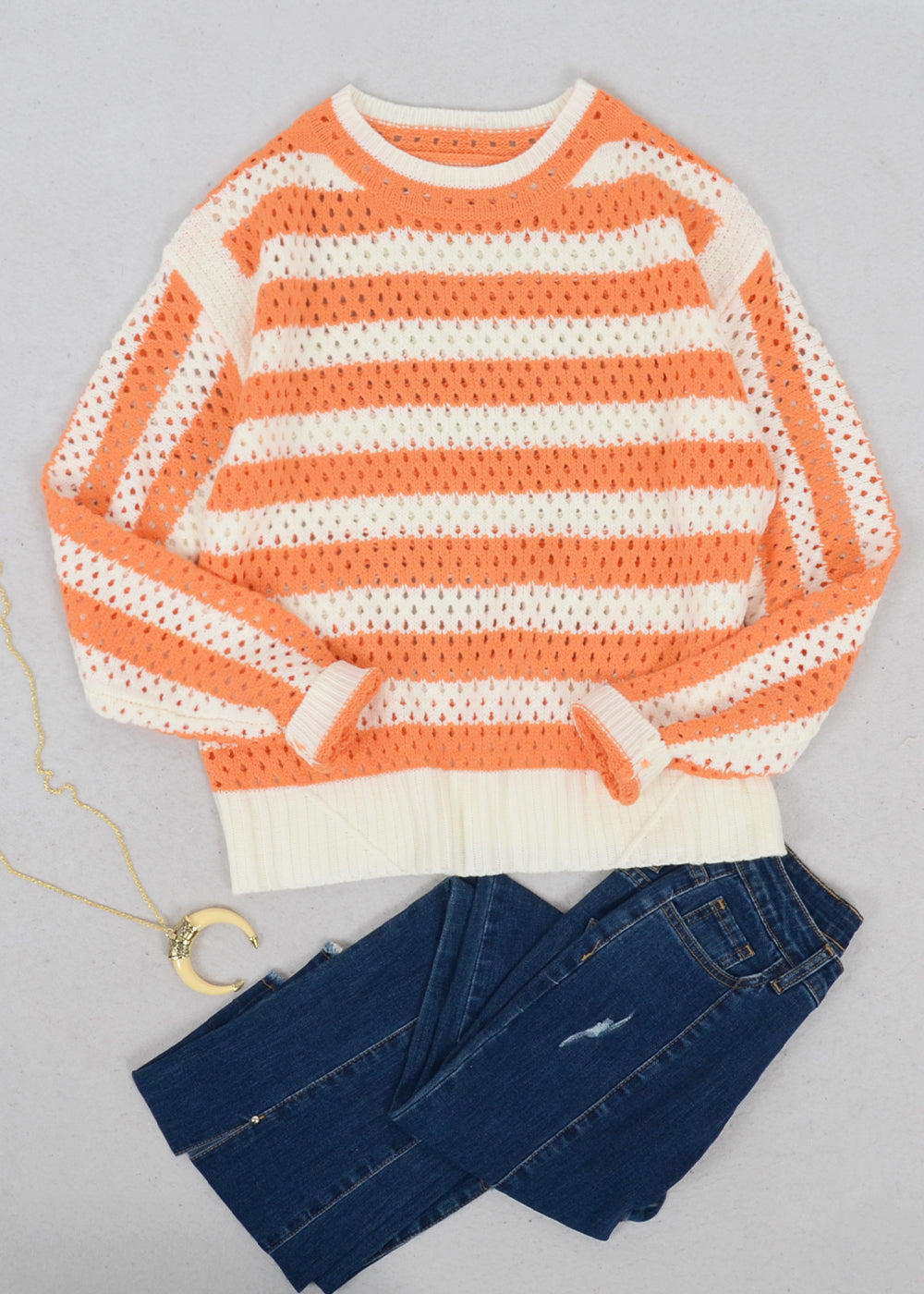 Two Tone Striped Crochet Net Sweater