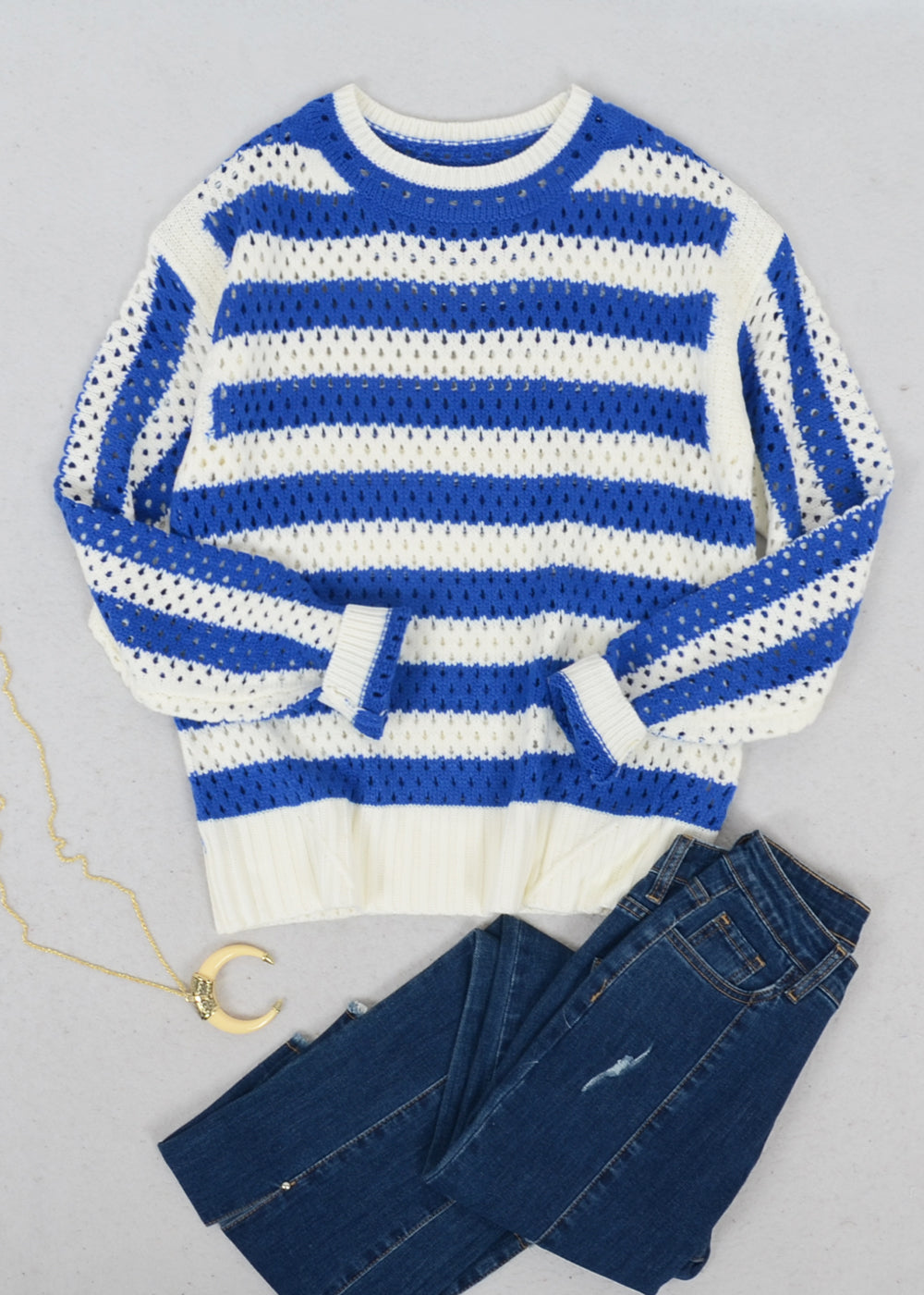 Two Tone Striped Crochet Net Sweater