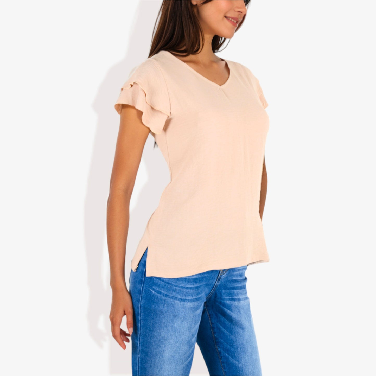 Blusa de mujer de manga corta con escote en V y mangas con volantes de doble capa