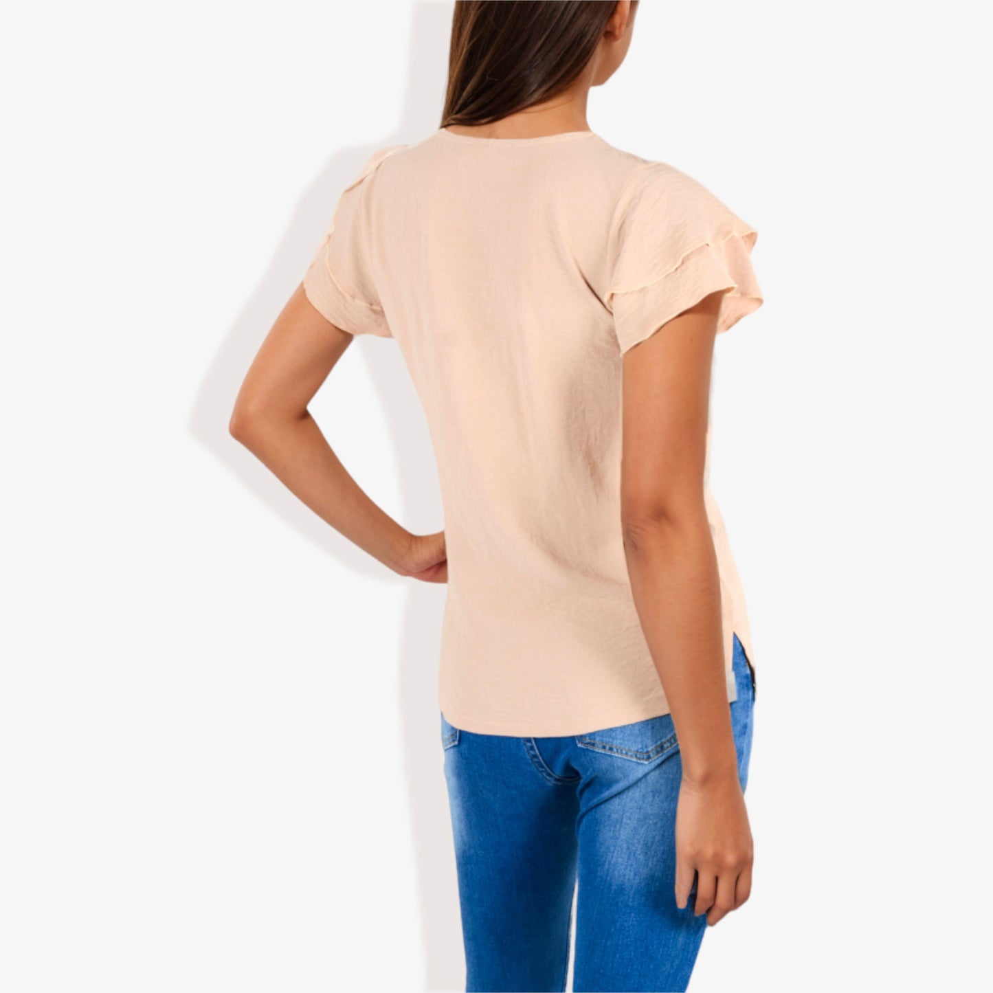 Blusa de mujer de manga corta con escote en V y mangas con volantes de doble capa
